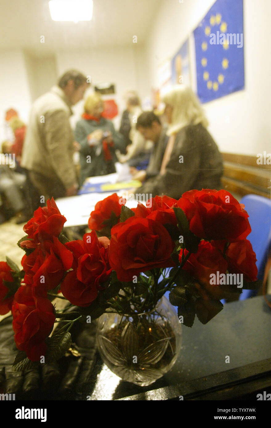A bouquet of red roses, symbol of the French Socialist Party sits at a window as party members line up to vote during the party's primary for the next French presidential election in Paris, November 16, 2006. Three candidates, Segolene Royal, Dominique Strauss-Khan and Laurent Fabius, are vying to lead the Socialist Party into next year's French presidential election.(UPI Photo/Eco Clement) Stock Photo