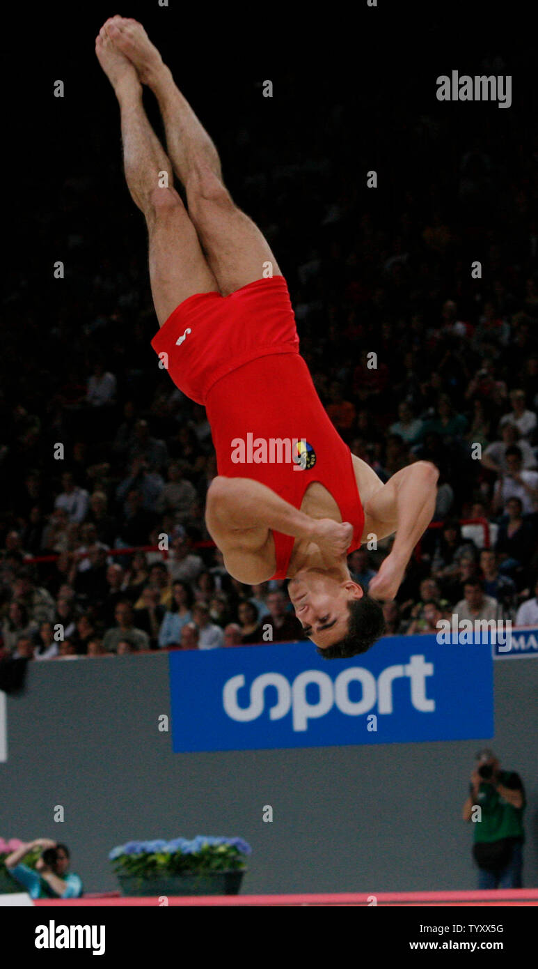 Marian Dragulescu of Romania launches himself during the floor exercise at the French International Gymnastics Competition in Paris on March 18, 2007.   (UPI Photo/ David Silpa) Stock Photo