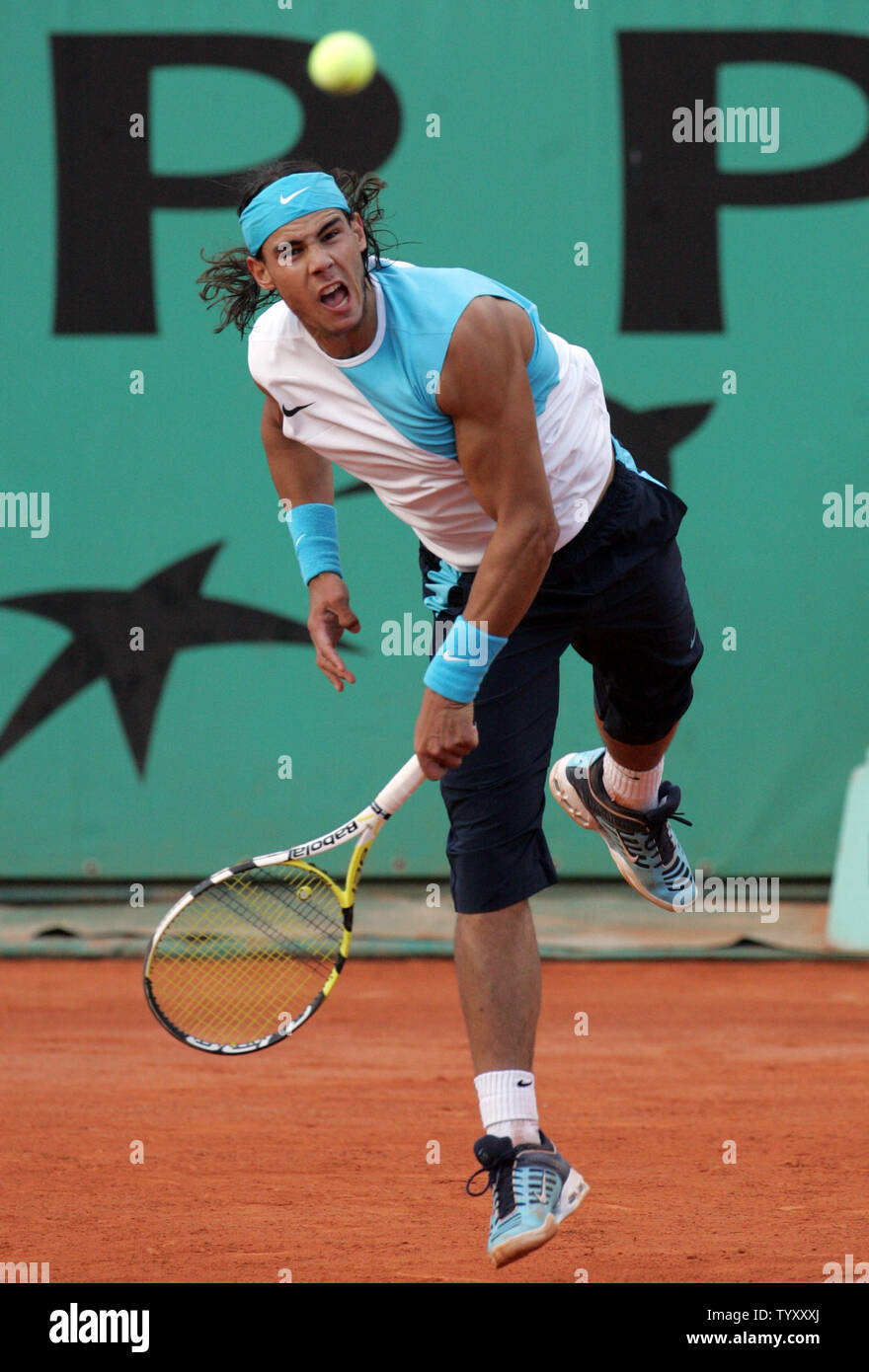 Rafael Nadal of Spain serves during his first round match against Juan  Martin Del Porto of Argentina at the French Open in Roland Garros, near  Paris on May 29, 2007. Nadal won