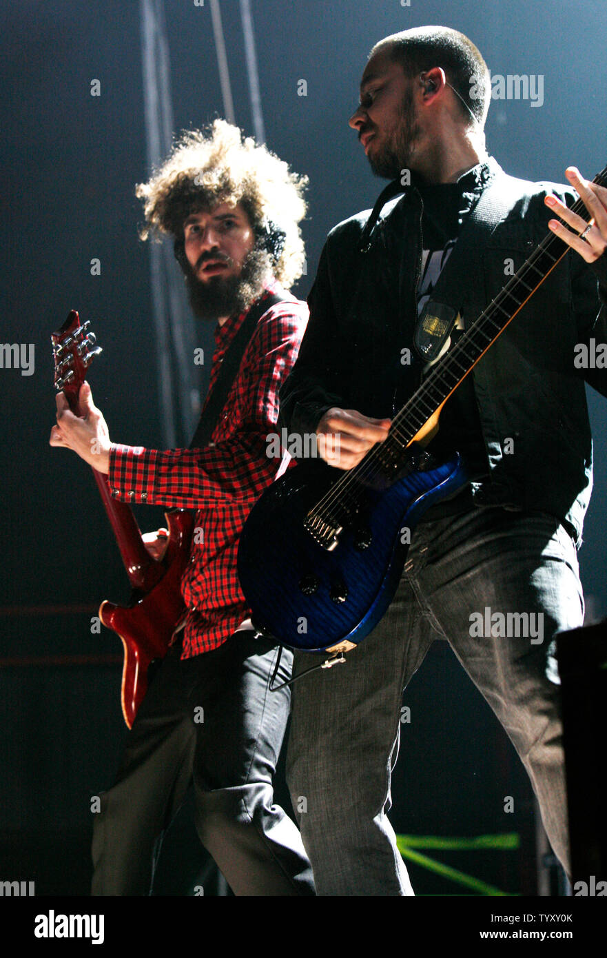Guitarists Mike Shinoda (R) and Brad Delson of the band Linkin Park perform in concert at Bercy in Paris on May 30, 2007.   (UPI Photo/David Silpa) Stock Photo