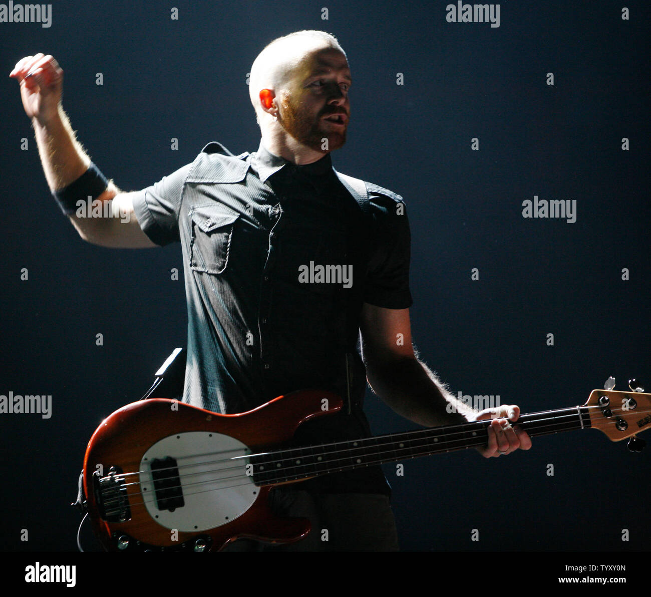 Bass player David Micheal Farrell of the band Linkin Park performs in concert at Bercy in Paris on May 30, 2007.   (UPI Photo/David Silpa) Stock Photo