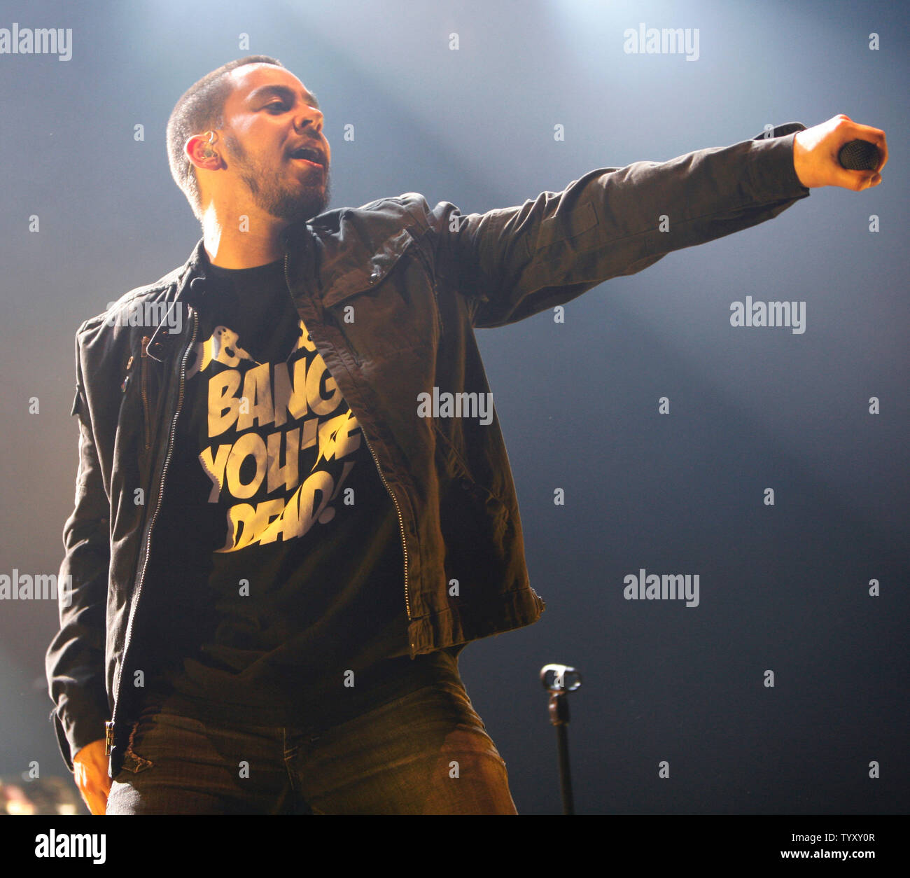 Mike Shinoda of the band Linkin Park performs in concert at Bercy in Paris on May 30, 2007.   (UPI Photo/David Silpa) Stock Photo