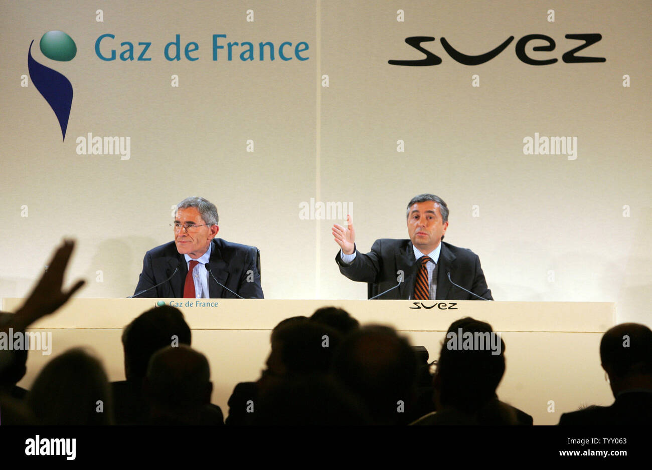Gaz De France S Chief Executive Jean Francois Cirelli R And Gerard Mestrallet Chairman And Chief Executive Officer Of Suez Take Questions From Journalists During A Joint Press Conference In Paris On September 3