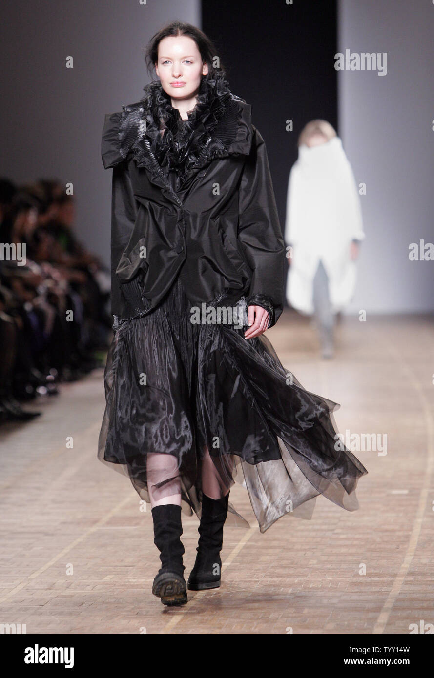 A model wears an outfit by Japanese fashion designer Dai Fujiwara for Issey Miyake at the Fall-Winter 2008/2009 ready-to-wear Paris Fashion Week, February 26, 2008. (UPI Photo) Stock Photo
