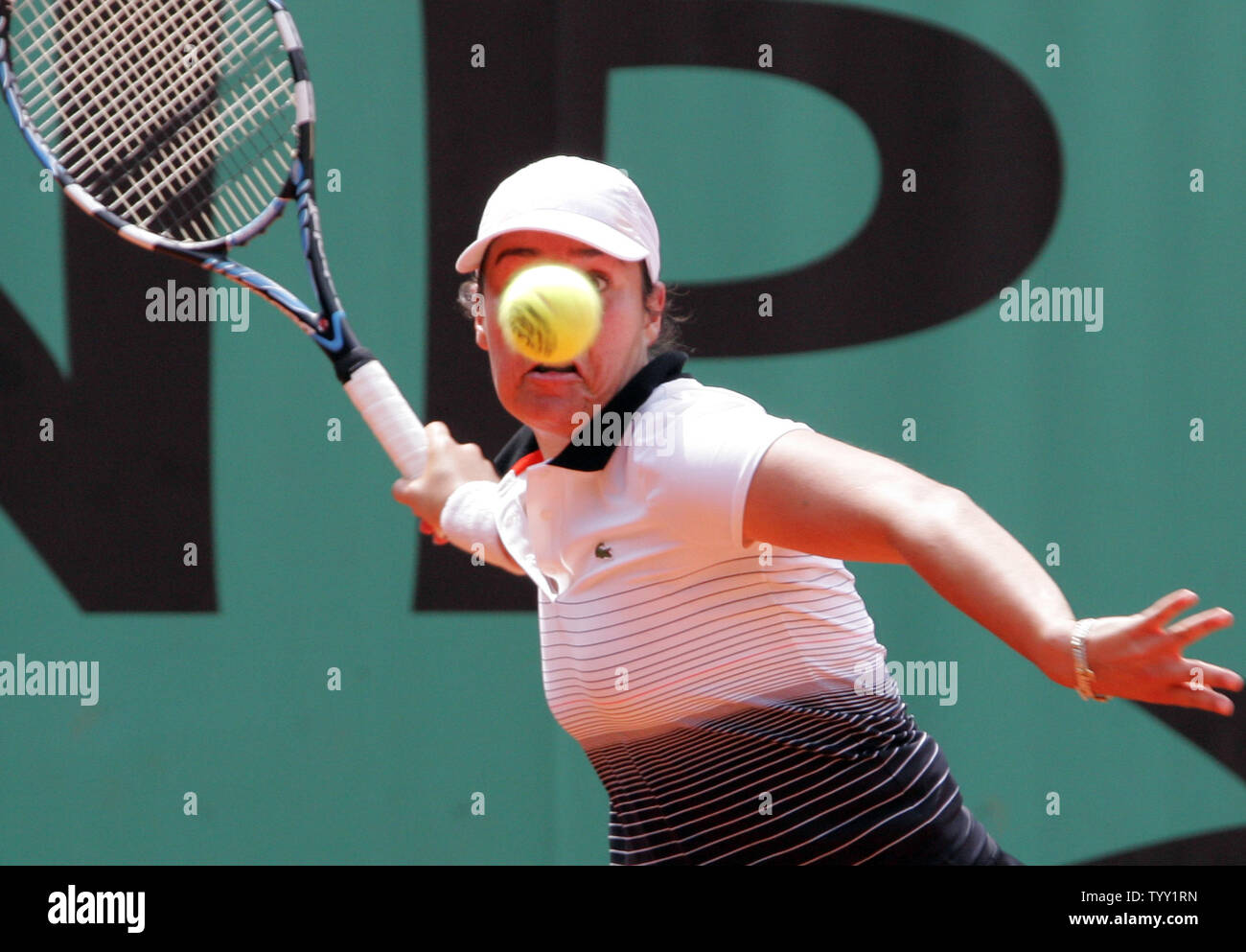 Stephanie Cohen-Aloro returns the ball to Russian Vera Zvonareva during their third round match at the French Open tennis tournament in Paris, May 30, 2008. The eleven-seeded Zvonareva won 6-2, 6-4. (UPI Photo/Eco Clement) Stock Photo