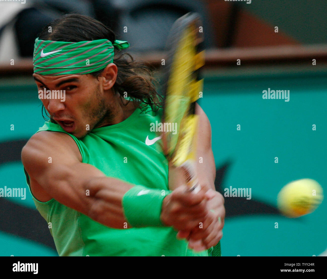 Rafael Nadal of Spain hits a backhand during his fourth round match with Fernando Verdasco of Spain at the French Tennis Open in Paris on June 1, 2008.  The second-seeded Nadal defeated Verdasco in straight sets 6-0, 6-0.   (UPI Photo/ David Silpa) Stock Photo