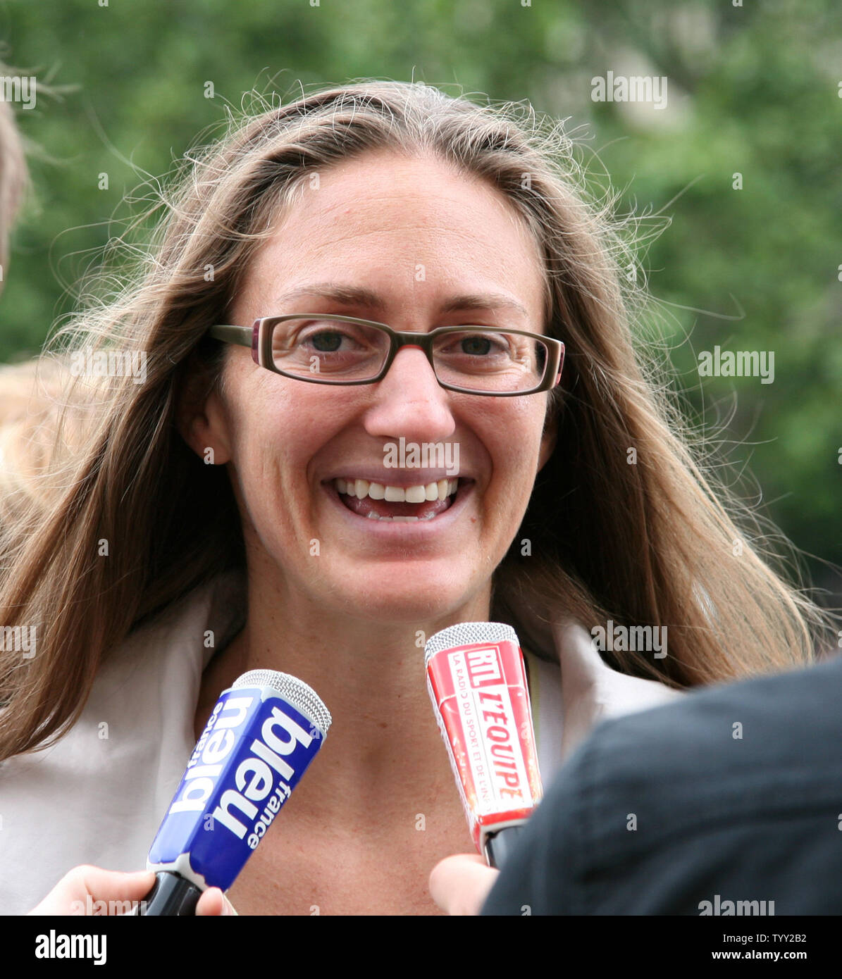 Tennis great Mary Pierce gives an interview during the launch of the exhibition 'Roland Garros in the City' in Paris on June 4, 2008.  The event coincides with the French Open tennis tournament taking place this week in Paris.   (UPI Photo/ David Silpa) Stock Photo