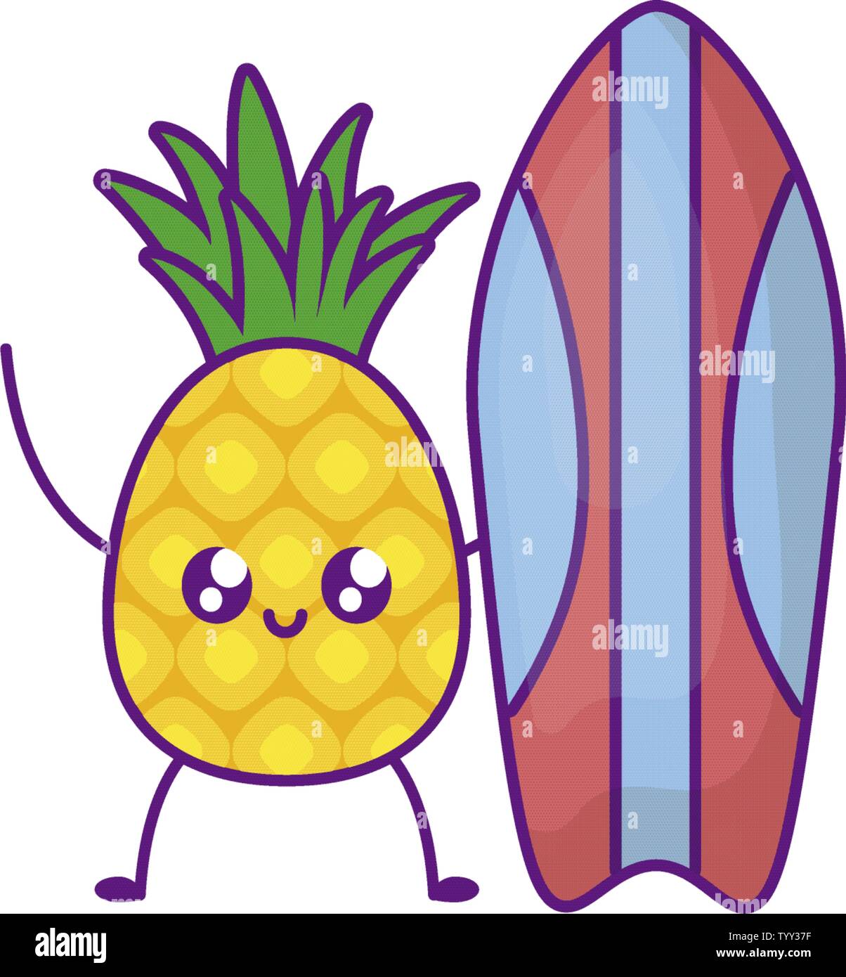 pineapple fruit with surfboard kawaii vector illustration design Stock ...