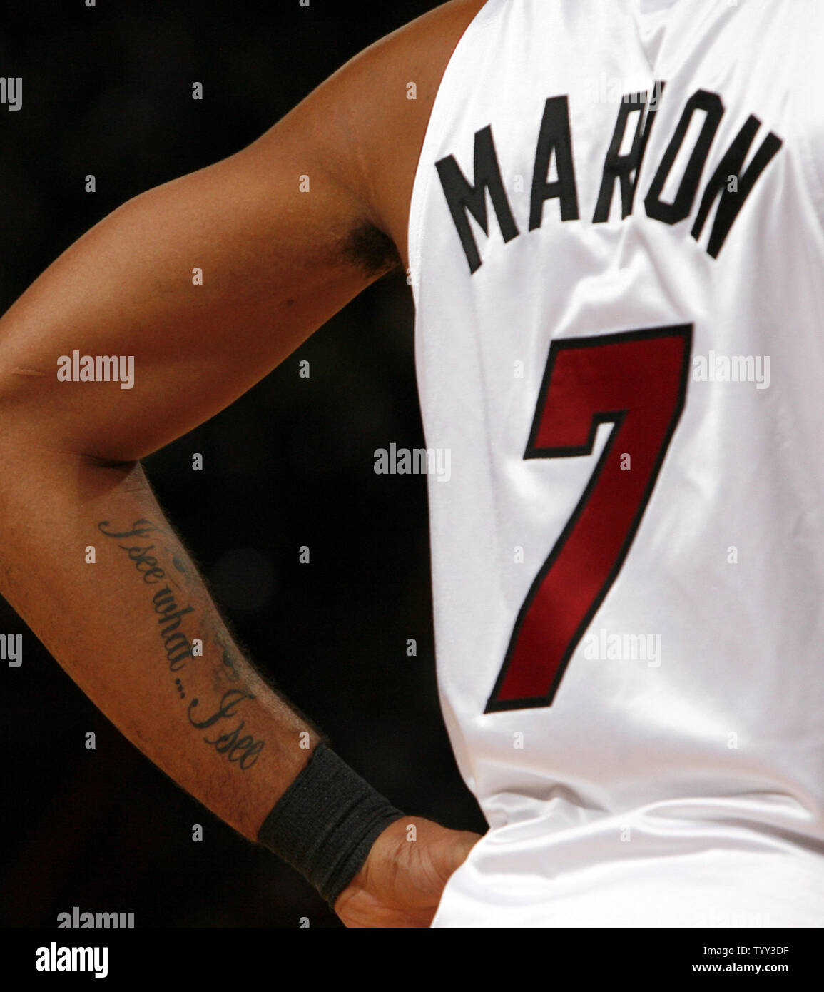 Miami Heat forward Shawn Marion sports a tattoo during an NBA preseason  game against the New Jersey Nets in Paris on October 9, 2008. The Nets won  the contest, part of the
