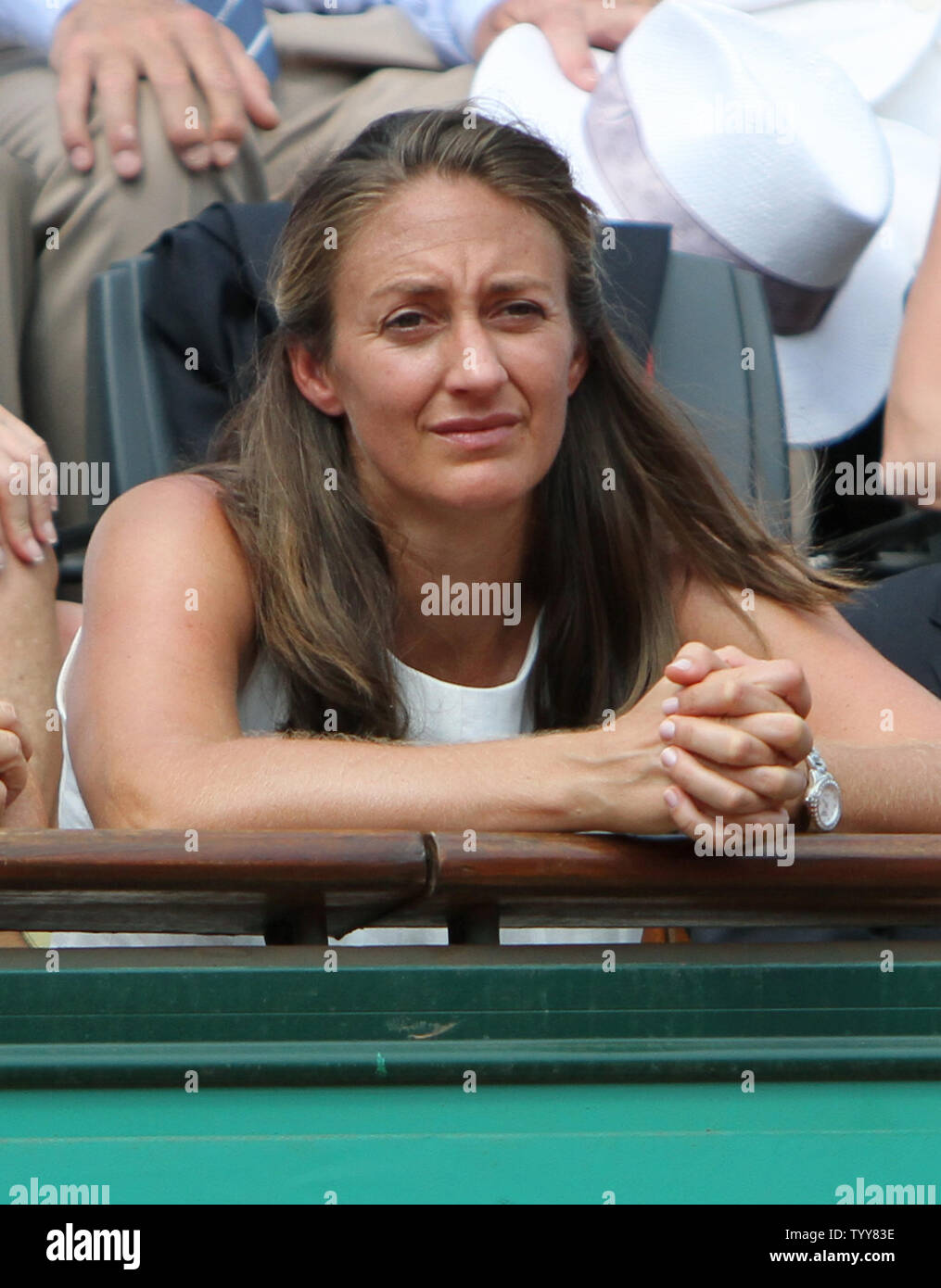 Former tennis player Mary Pierce watches the French Open womens final match between Italian Francesca Schiavone and Australian Samantha Stosur at Roland Garros in Paris on June 5, 2010.  Schiavone defeated Stosur 6-4, 7-6(2) to become the first Italian ever to win a Grand Slam title.   UPI/David Silpa Stock Photo