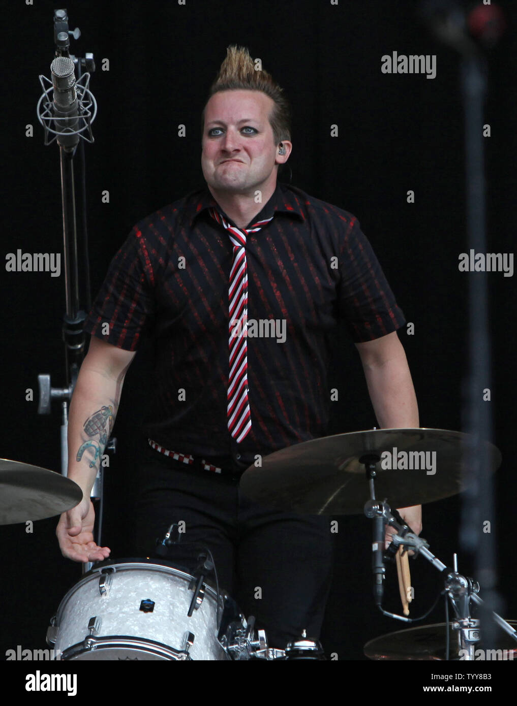 Drummer Tre Cool of Green Day performs in concert at the Parc des Princes in Paris on June 26, 2010.   UPI/David Silpa Stock Photo