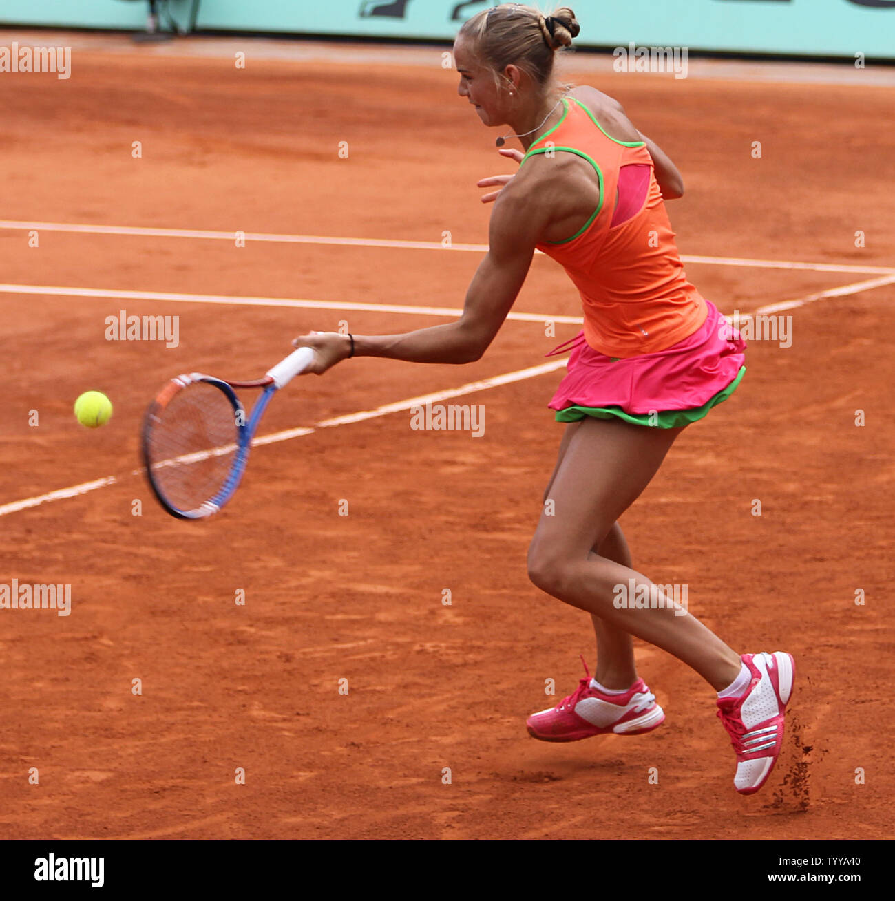 Arantxa Rus of The Netherlands hits a shot during her French Open womens second round match against Kim Clijsters of Belgium at Roland Garros in Paris on May 26, 2011