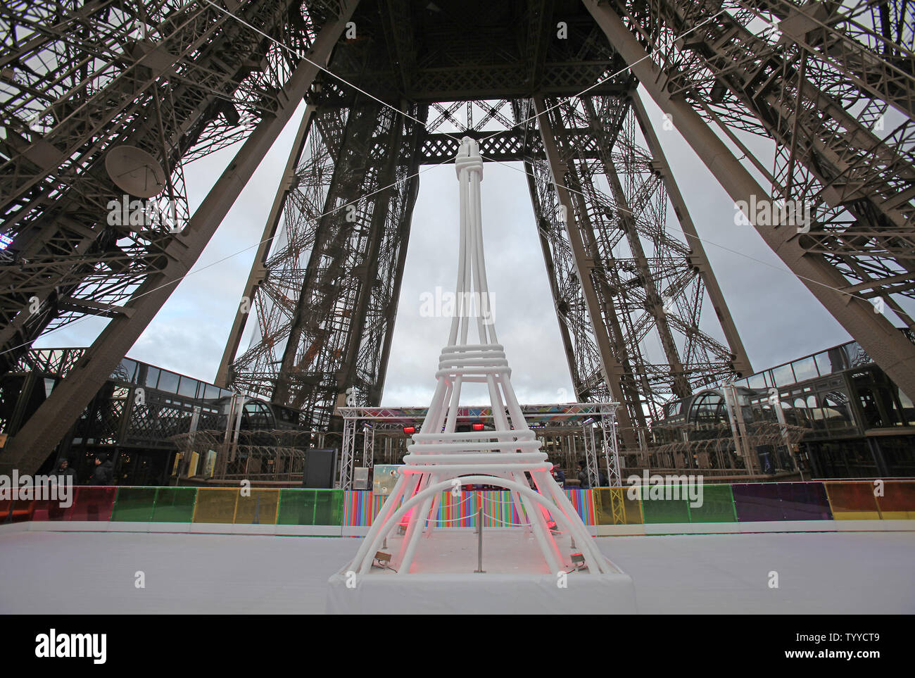 An ice skating rink is seen on the first level of the Eiffel Tower in Paris before its opening to the public on December 15, 2011.  The rink is open will remain in place through January 31.   UPI/David Silpa. Stock Photo