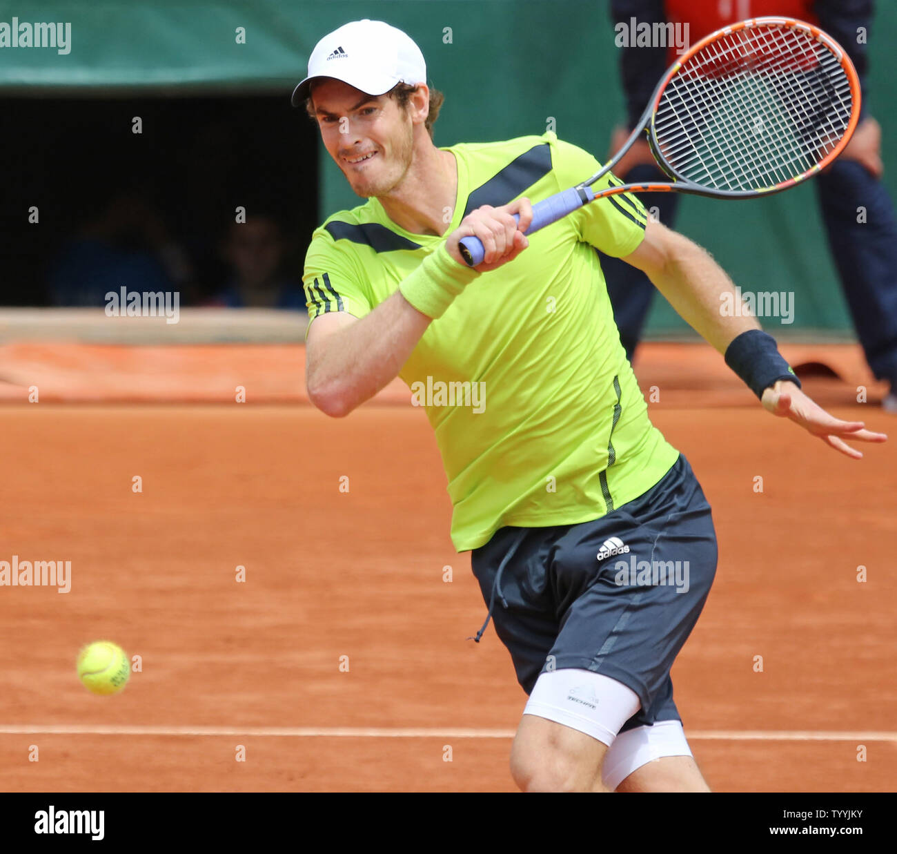 Andy Murray of Great Britain hits a shot during his French Open men's third  round match against Philipp Kohlschreiber of Germany at Roland Garros in  Paris on June 1, 2014. Murray defeated