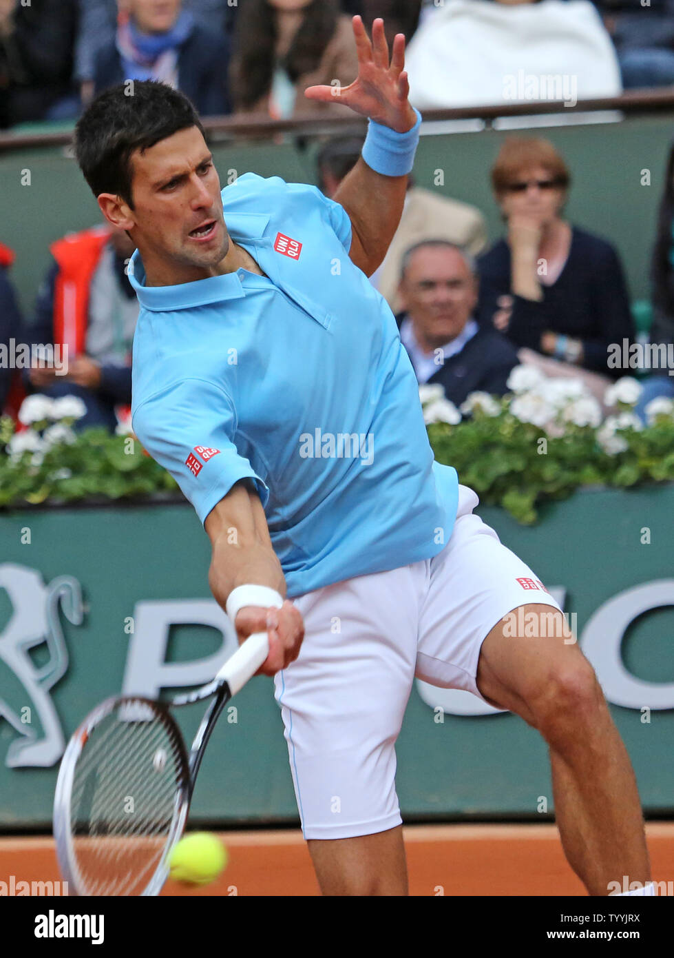 Novak Djokovic of Serbia hits a shot during his French Open men's fourth round match against Jo-Wilfried Tsonga of France at Roland Garros in Paris on June 1, 2014.  Djokovic defeated Tsonga 6-1, 6-4, 6-1 to advance to the quarterfinals.   UPI/David Silpa Stock Photo