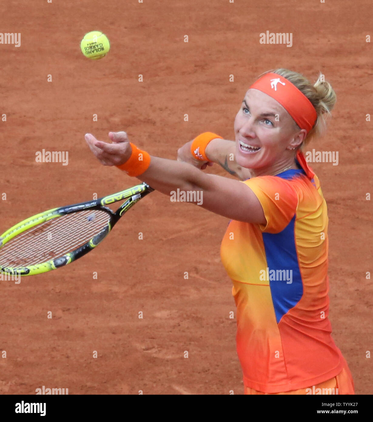 Svetlana Kuznetsova of Russia hits a serve during her French Open women's quarterfinal match against Simona Halep of Romania at Roland Garros in Paris on June 4, 2014.  Halep defeated Kuznetsova 6-2, 6-2 to advance to the semifinals.   UPI/David Silpa Stock Photo