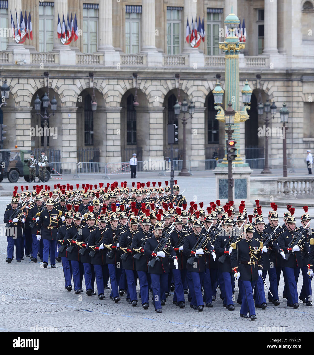 Soldiers of the French Foreign Legion (Legion Etrangere) march down the  Champs Elysees at dawn during a rehearsal of the annual Bastille Day  military parade in Paris, France, on July 10, 2018.