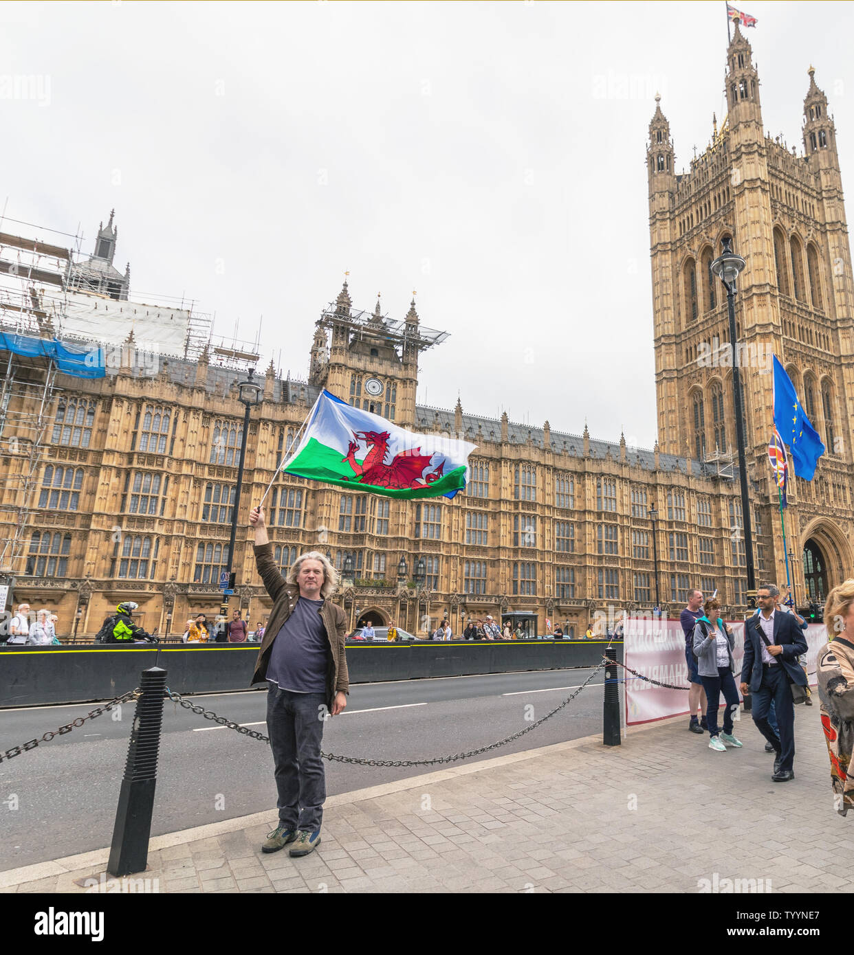 London / UK - June 26th 2019 - Pro-EU protester carries Wales and European Union flags outside Parliament in Westminster Stock Photo