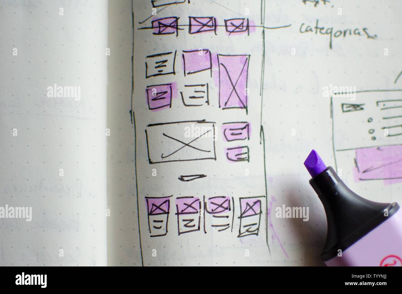 Closeup of UI/UX draft sheet with highlighted areas with a magic marker ...