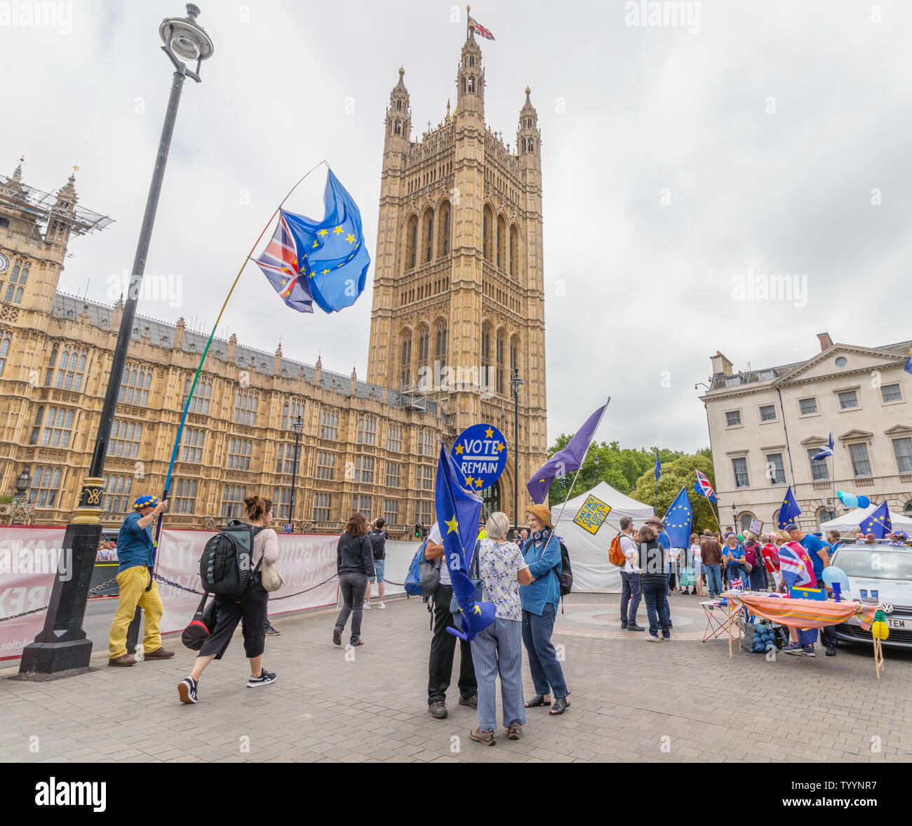 London / UK - June 26th 2019 - Pro-EU protesters carry vote remain and European Union flags outside Parliament in Westminster Stock Photo
