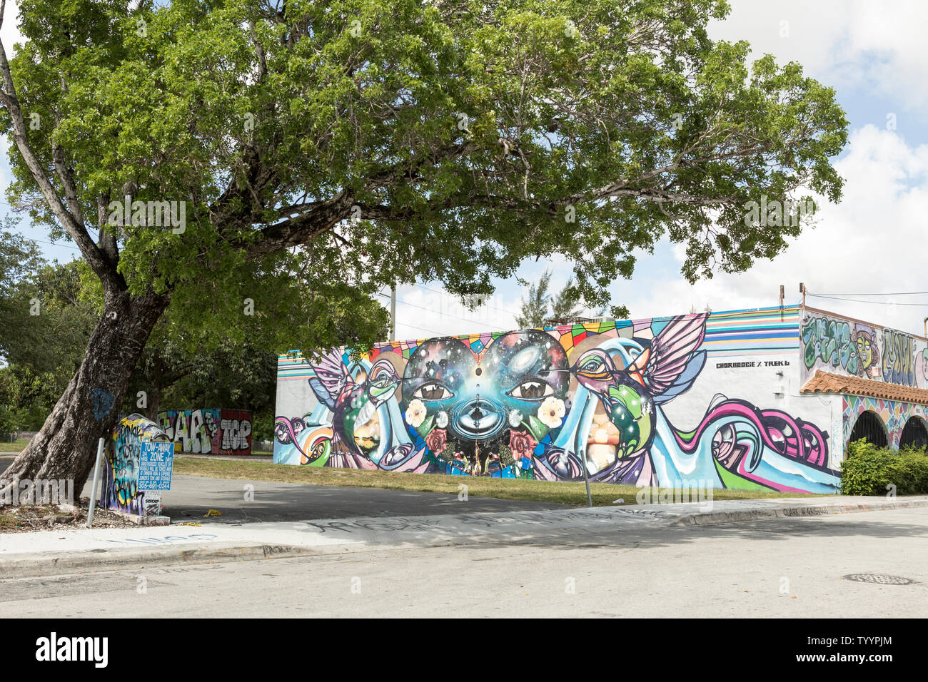 A colorful mural on the wall of a commercial building in the Wynwood