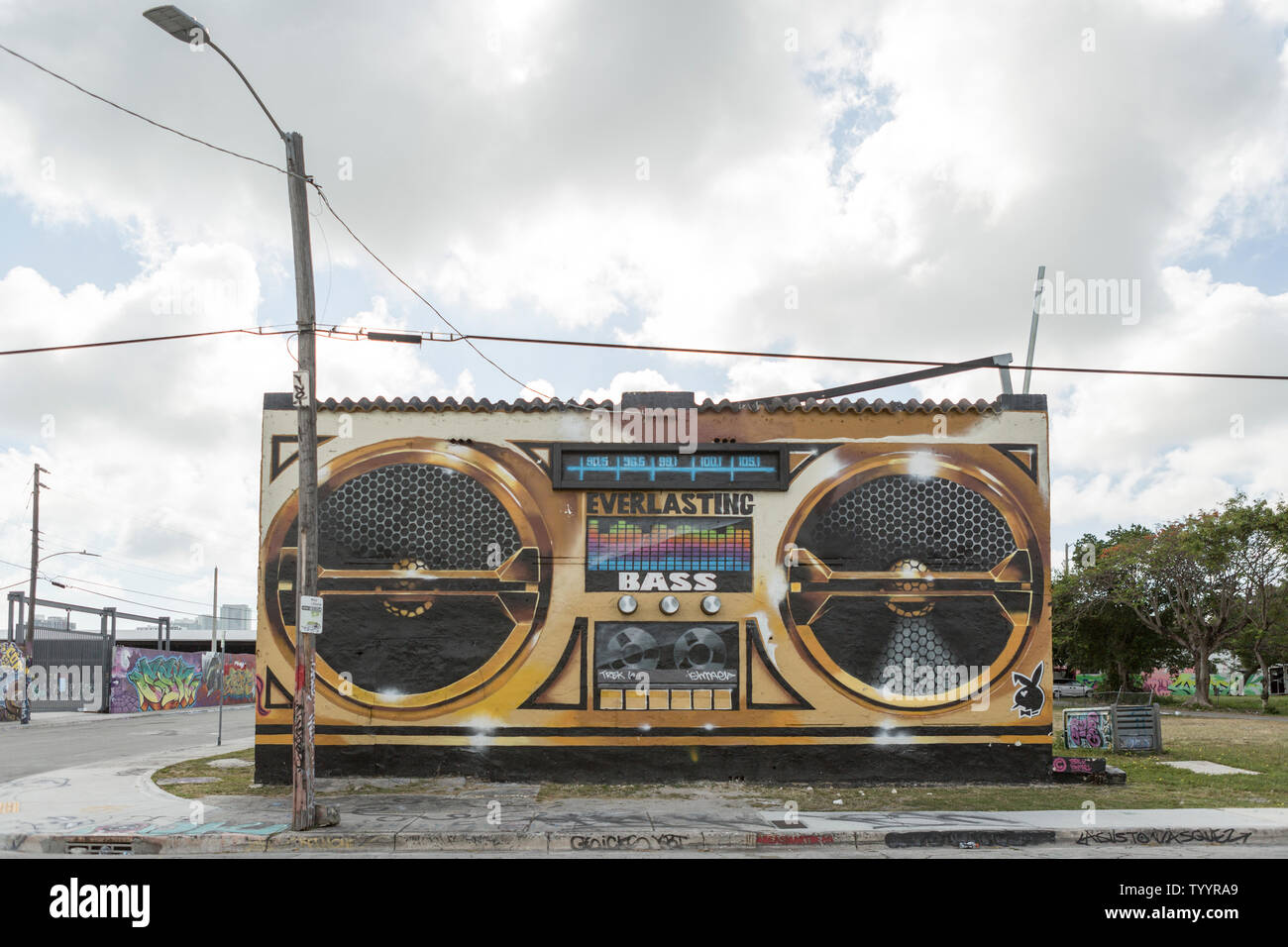 Street Art depicting a boom box stereo on the wall of an abandoned building in the Wynwood area of Miami, Florida Stock Photo