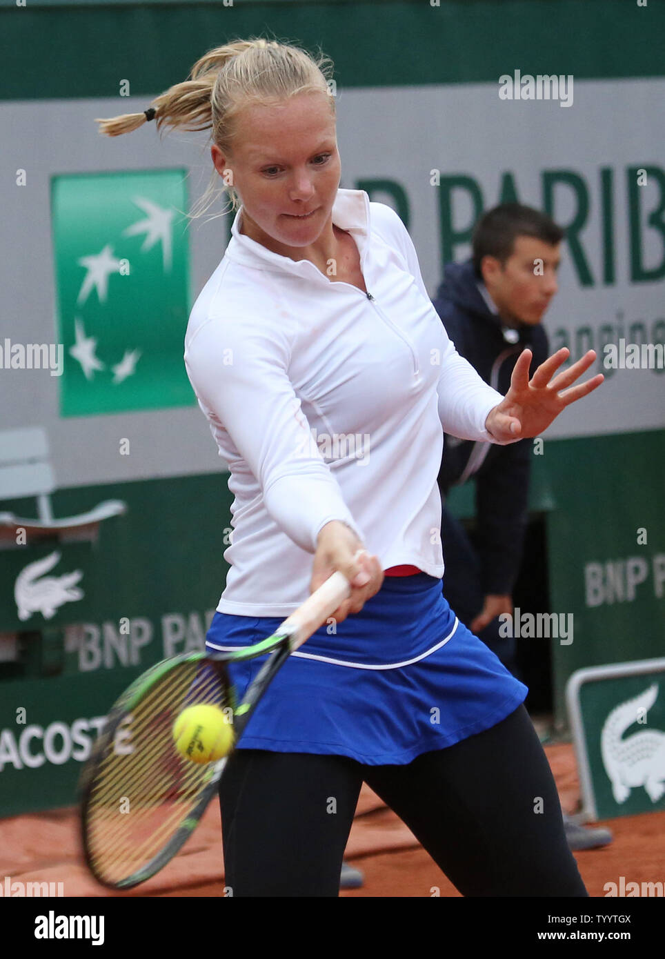 Kiki Bertens of the Netherlands hits a shot during her French Open women's  quarterfinal match against Timea Bacsinszky of Switzerland at Roland Garros  in Paris on June 2, 2016. Bertens defeated Bacsinszky