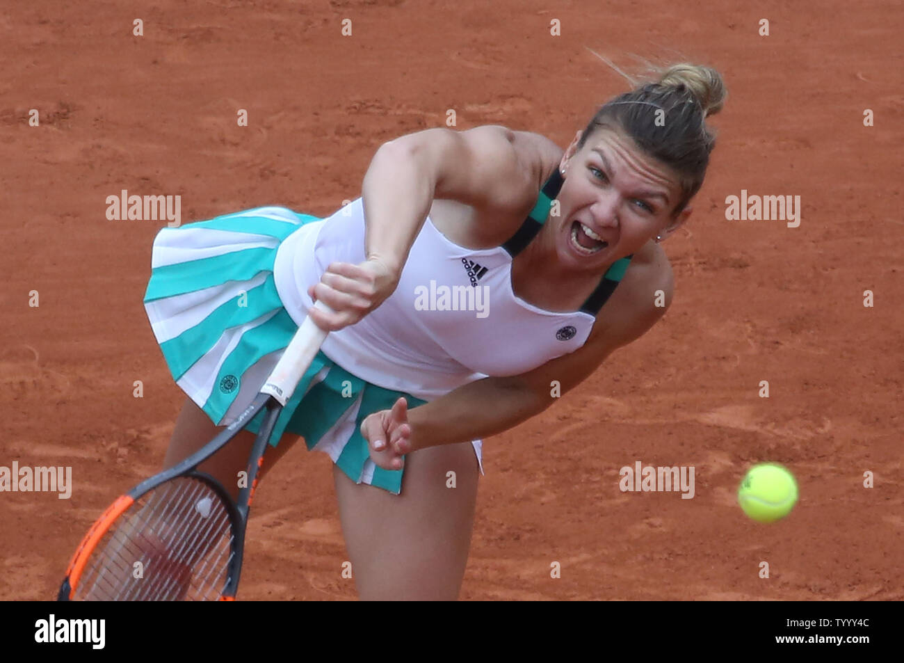 Simona Halep of Romania hits a serve during her French Open women's third round match against Daria Kasatkina of Russia at Roland Garros in Paris on June 3, 2017. Halep defeated Kasatkina 6-0, 7-5 to advance to the fourth round.   Photo by David Silpa/UPI Stock Photo