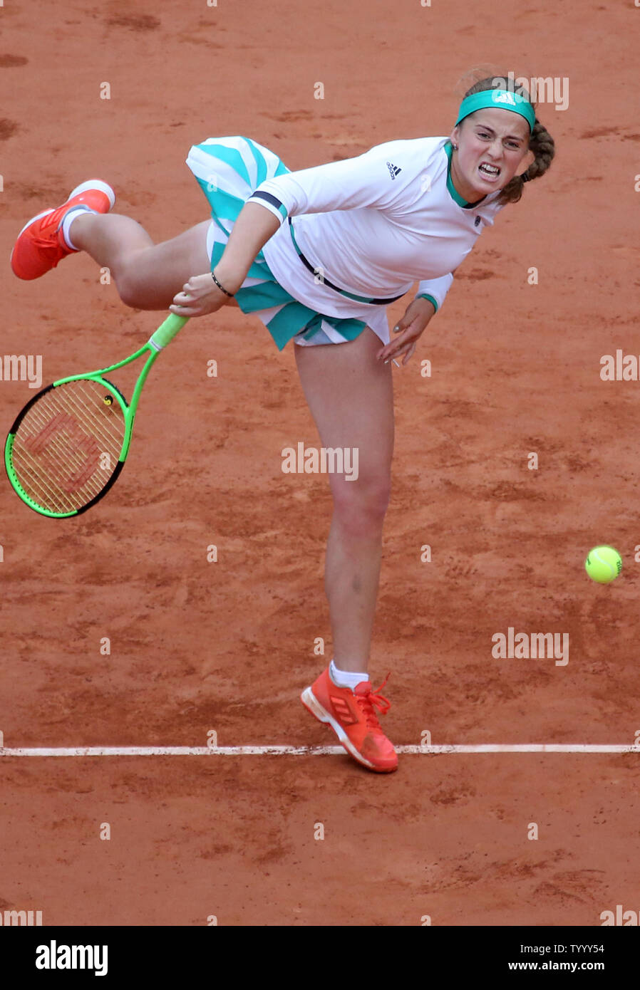 Jelena Ostapenko of Latvia hits a serve during her French Open women's  semifinal match against Timea Bacsinszky of Switzerland at Roland Garros in  Paris on June 8, 2017. Photo by David Silpa/UPI