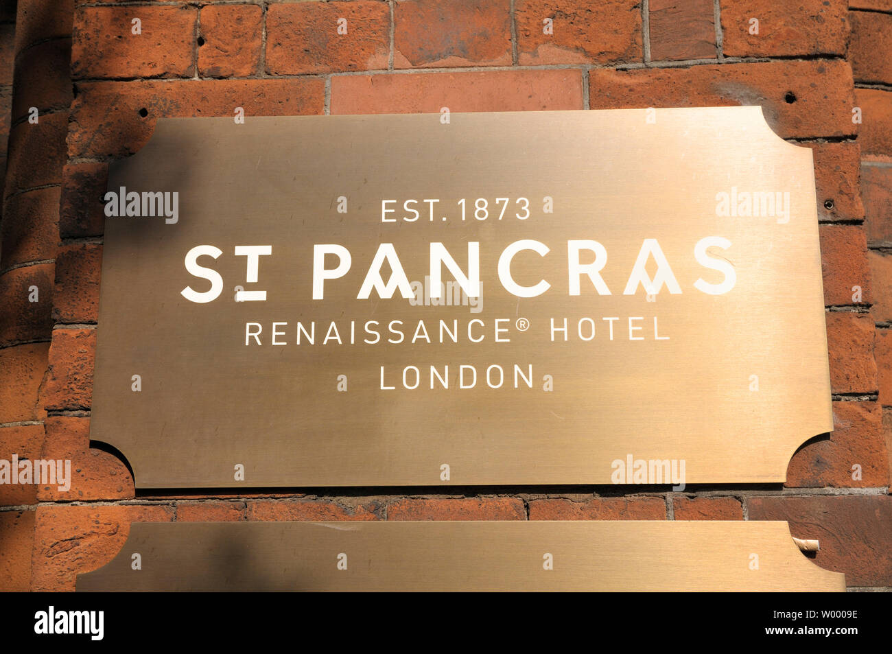Hotel signboard outside the luxurious St Pancras Renaissance Hotel, King's Cross, London, England, UK Stock Photo