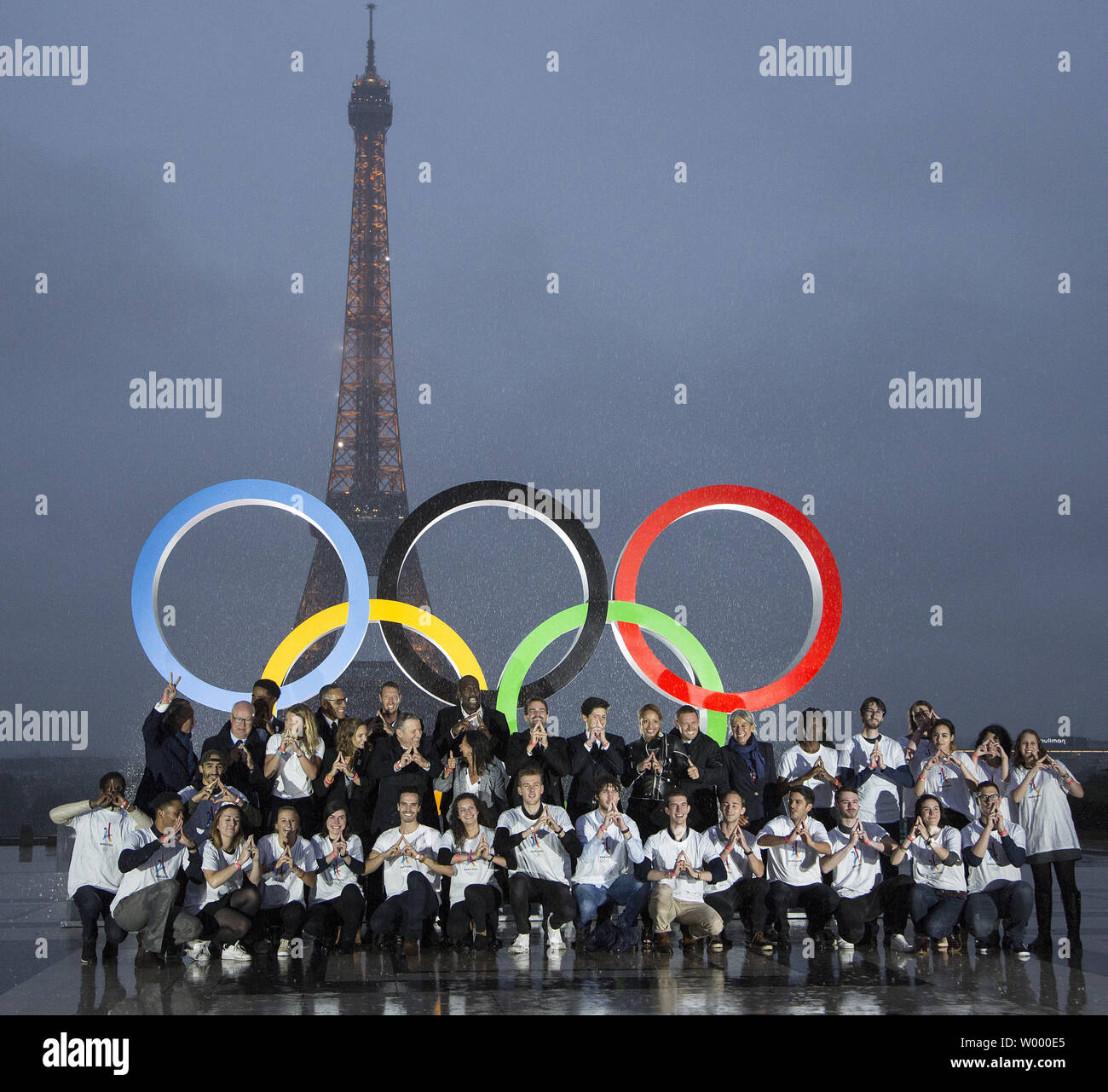 Members of various French sports federations gather in front of the Olympic rings on the Trocadero square opposite the Eiffel Tower to celebrate Paris officially being awarded the 2024 Olympic Games in Paris on September 13, 2017.   Photo by David Silpa/UPI Stock Photo