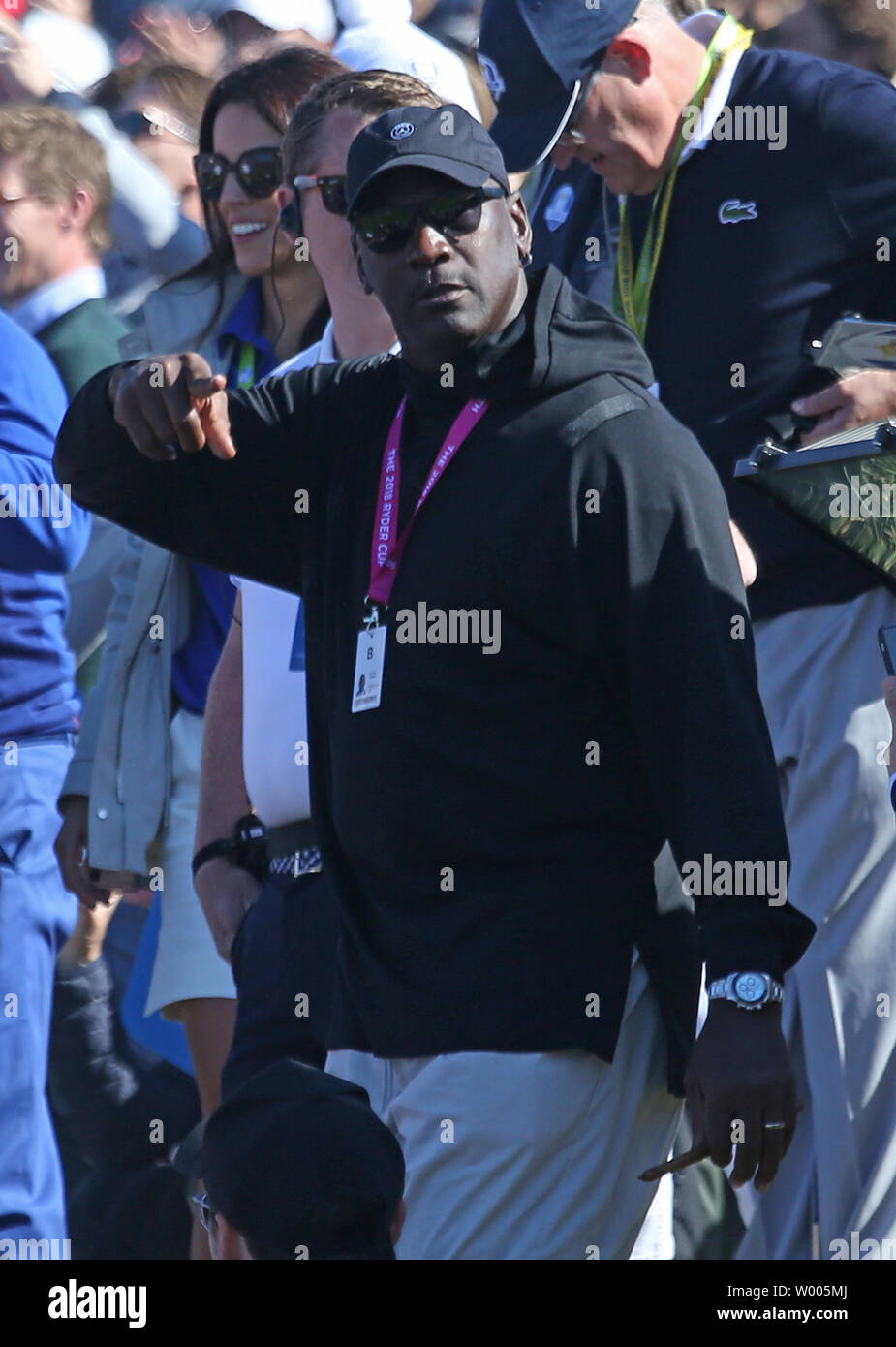 Basketball great Michael Jordan attends the final day of competition at the  Ryder Cup at Le Golf National in Guyancourt near Paris on September 30,  2018. Team Europe leads Team USA 10-6