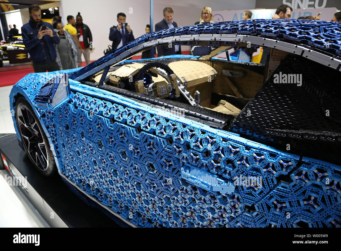 A life-size Bugatti Chiron made from Lego is seen on display during press  day at the biennial Paris Motor Show in Paris on October 2, 2018. The show,  the first motor show