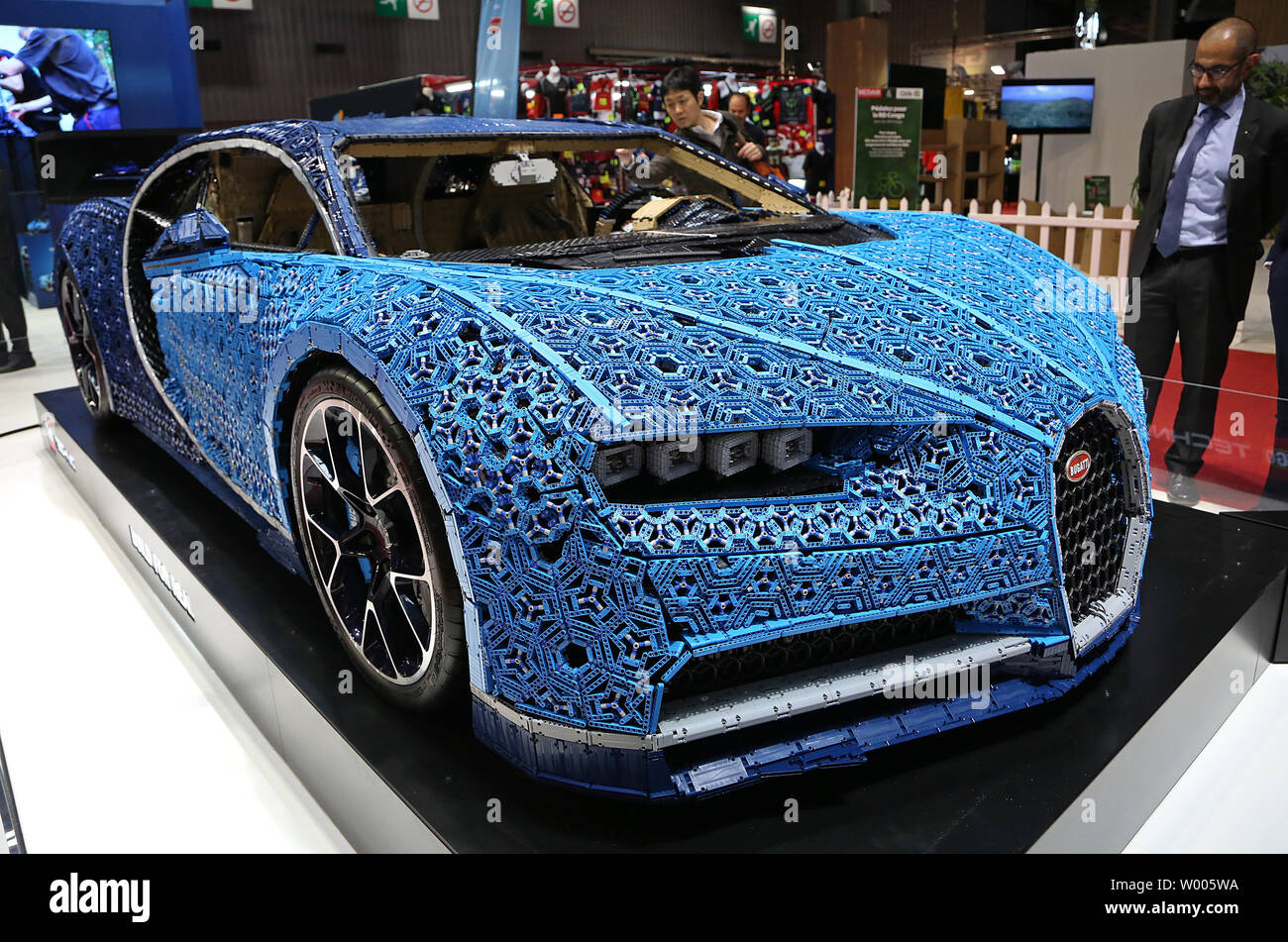A life-size Bugatti Chiron made from Lego is seen on display during press  day at the biennial Paris Motor Show in Paris on October 2, 2018. The show,  the first motor show