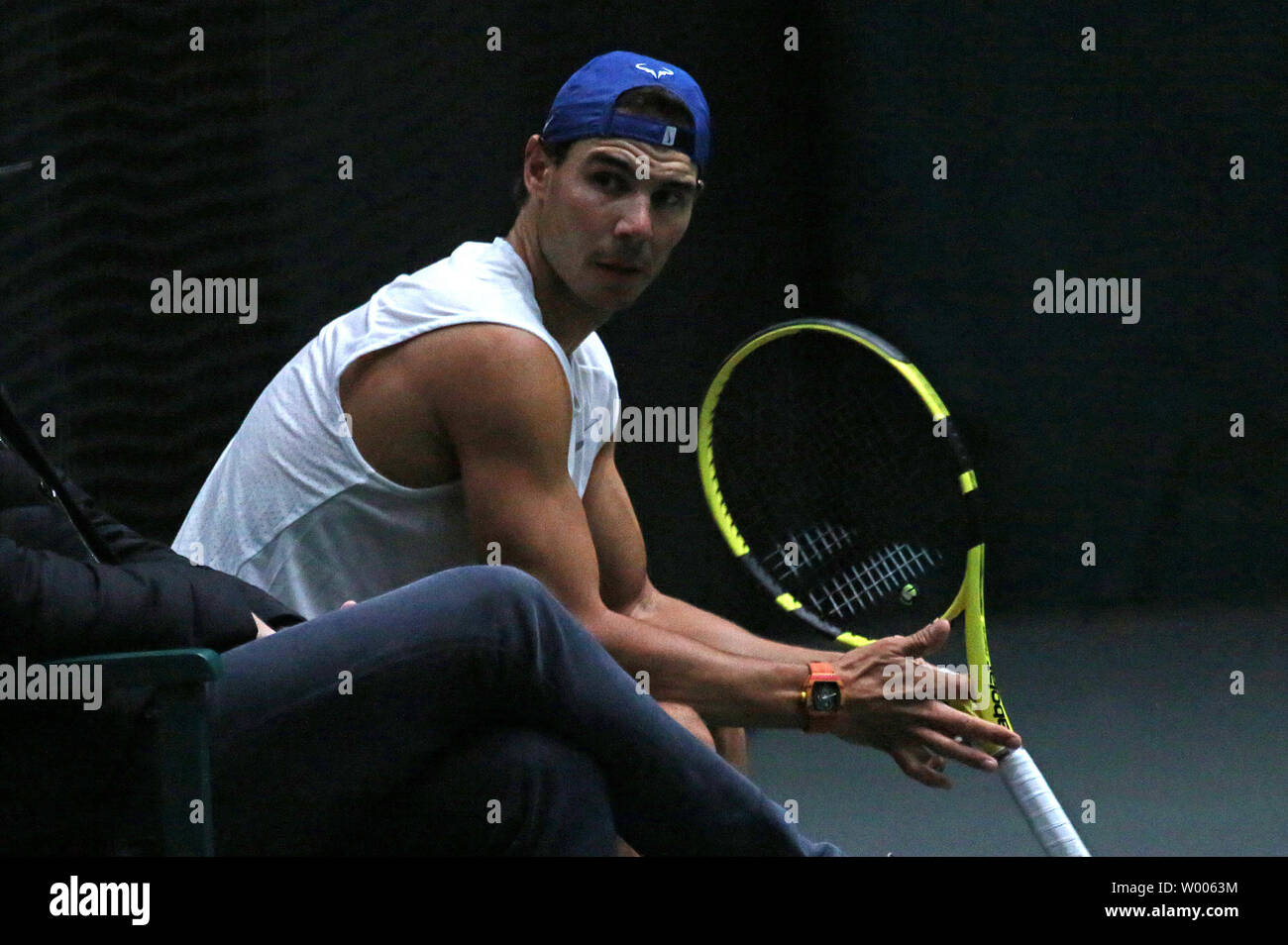 Rafael Nadal of Spain pauses during a practice session at the Rolex Paris  Masters in Paris on October 29, 2018. Photo by David Silpa/UPI Stock Photo  - Alamy