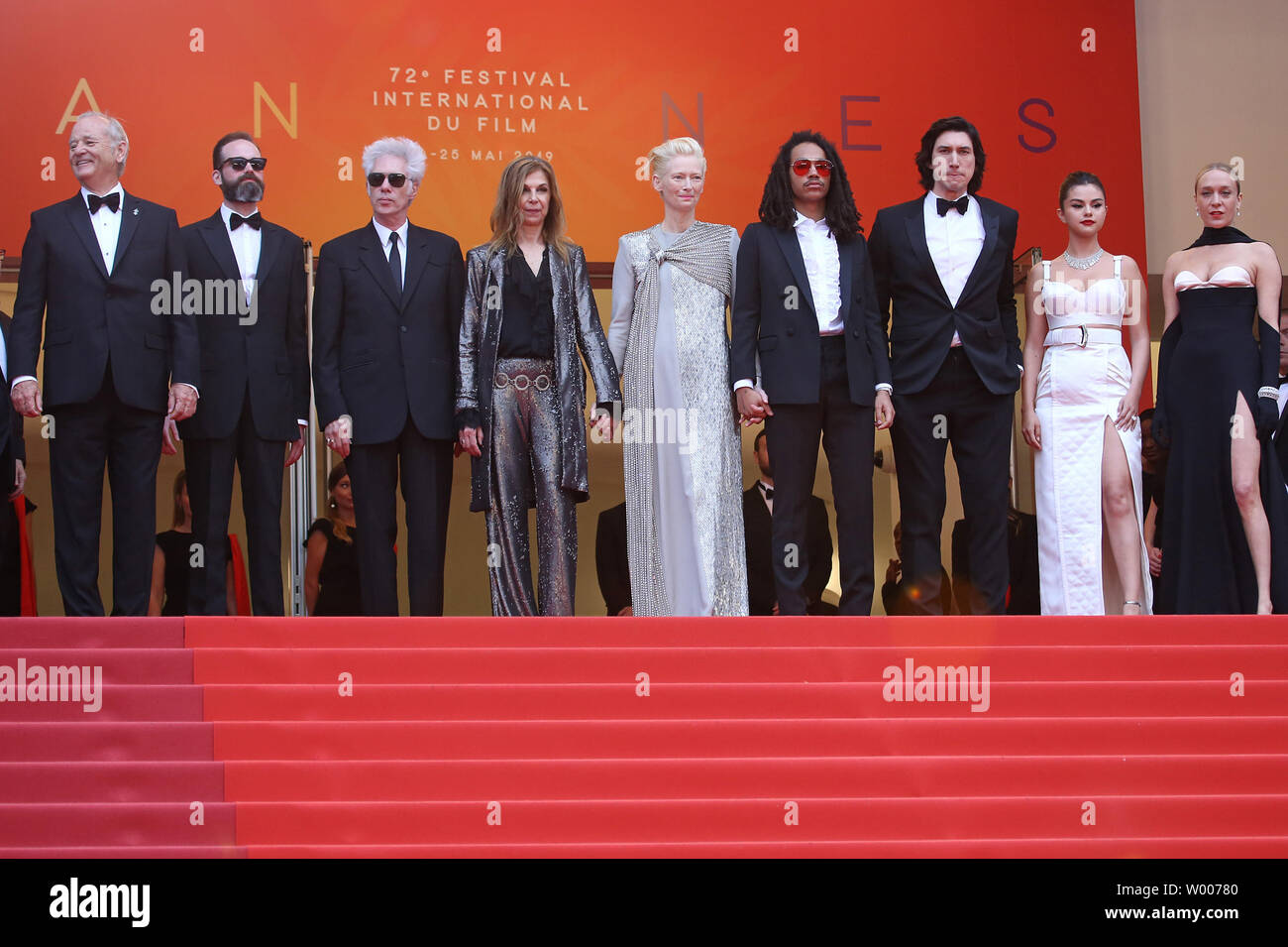 (From L to R) Bill Murray, Carter Logan, Jim Jarmusch, Sara Driver, Tilda Swinton, Luka Sabbat, Adam Driver, Selena Gomez and Chloe Sevigny arrive on the red carpet before the screening of the film 'The Dead Don't Die' at the opening of the 72nd annual Cannes International Film Festival in Cannes, France on May 14, 2019.  Photo by David Silpa/UPI Stock Photo
