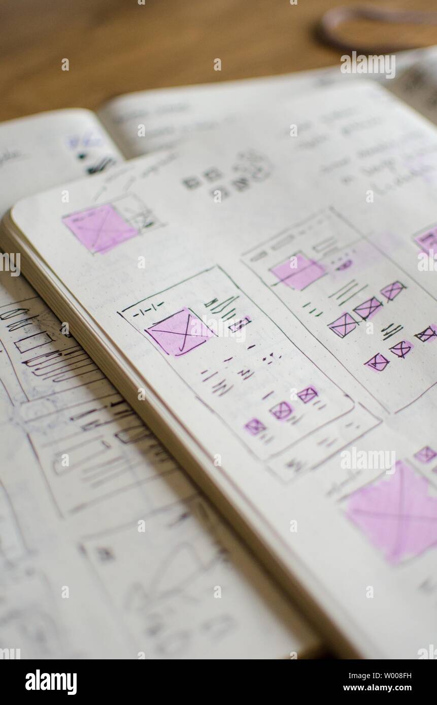 Closeup of UI/UX draft sheet with highlighted areas with a magic marker ...