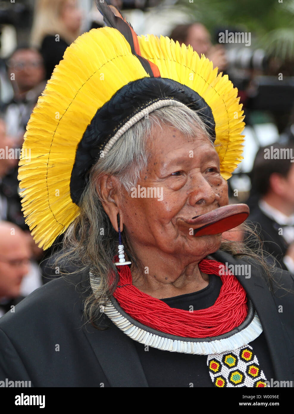 Chief Raoni Metuktire arrives on the red carpet before the screening of the film 'Sybil' at the 72nd annual Cannes International Film Festival in Cannes, France on May 24, 2019. Metuktire is chief of the Kayapo people, a Brazilian Indigenous group.   Photo by David Silpa/UPI Stock Photo