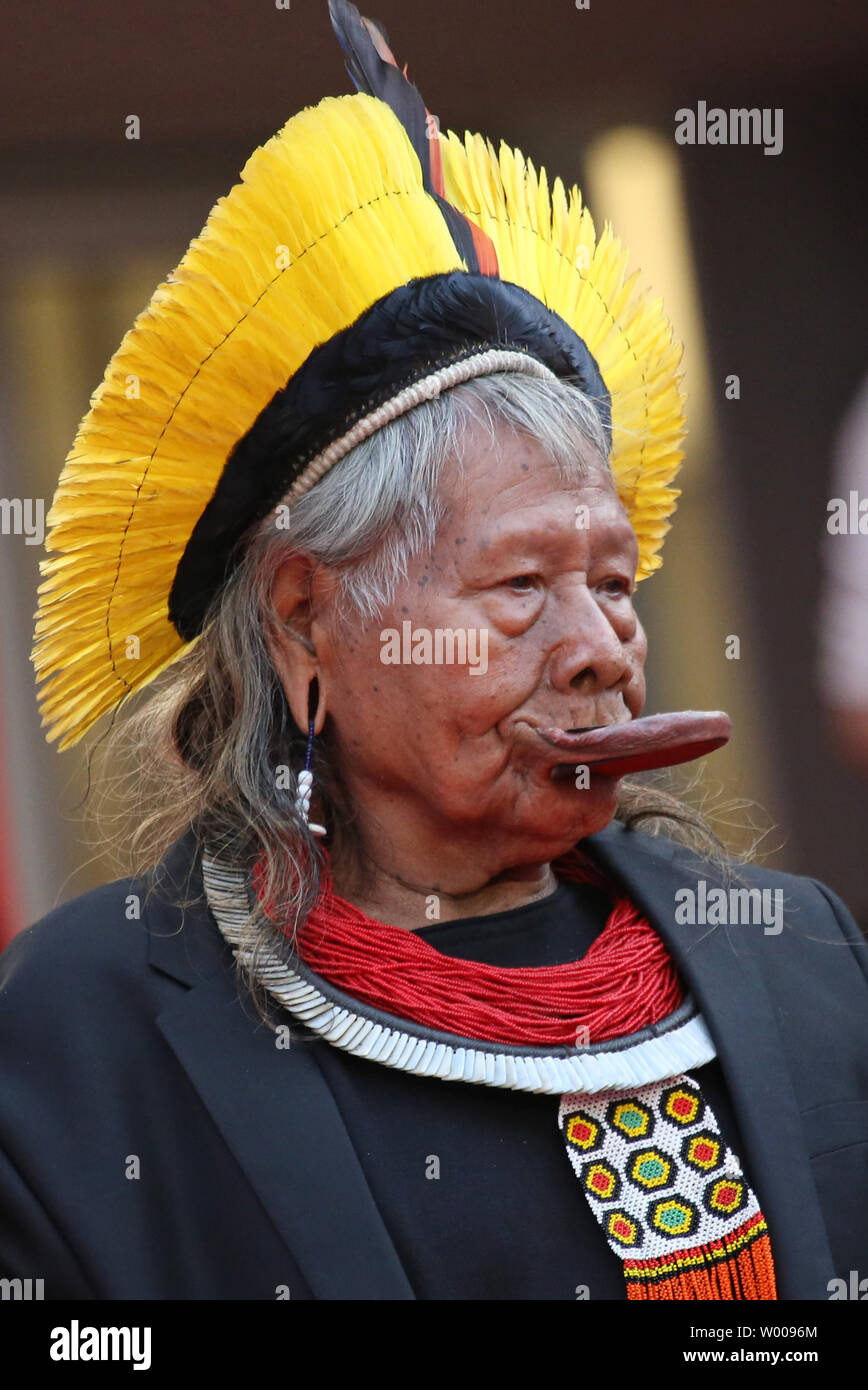 Chief Raoni Metuktire arrives on the red carpet before the screening of the film 'Sybil' at the 72nd annual Cannes International Film Festival in Cannes, France on May 24, 2019. Metuktire is chief of the Kayapo people, a Brazilian Indigenous group.       Photo by David Silpa/UPI Stock Photo