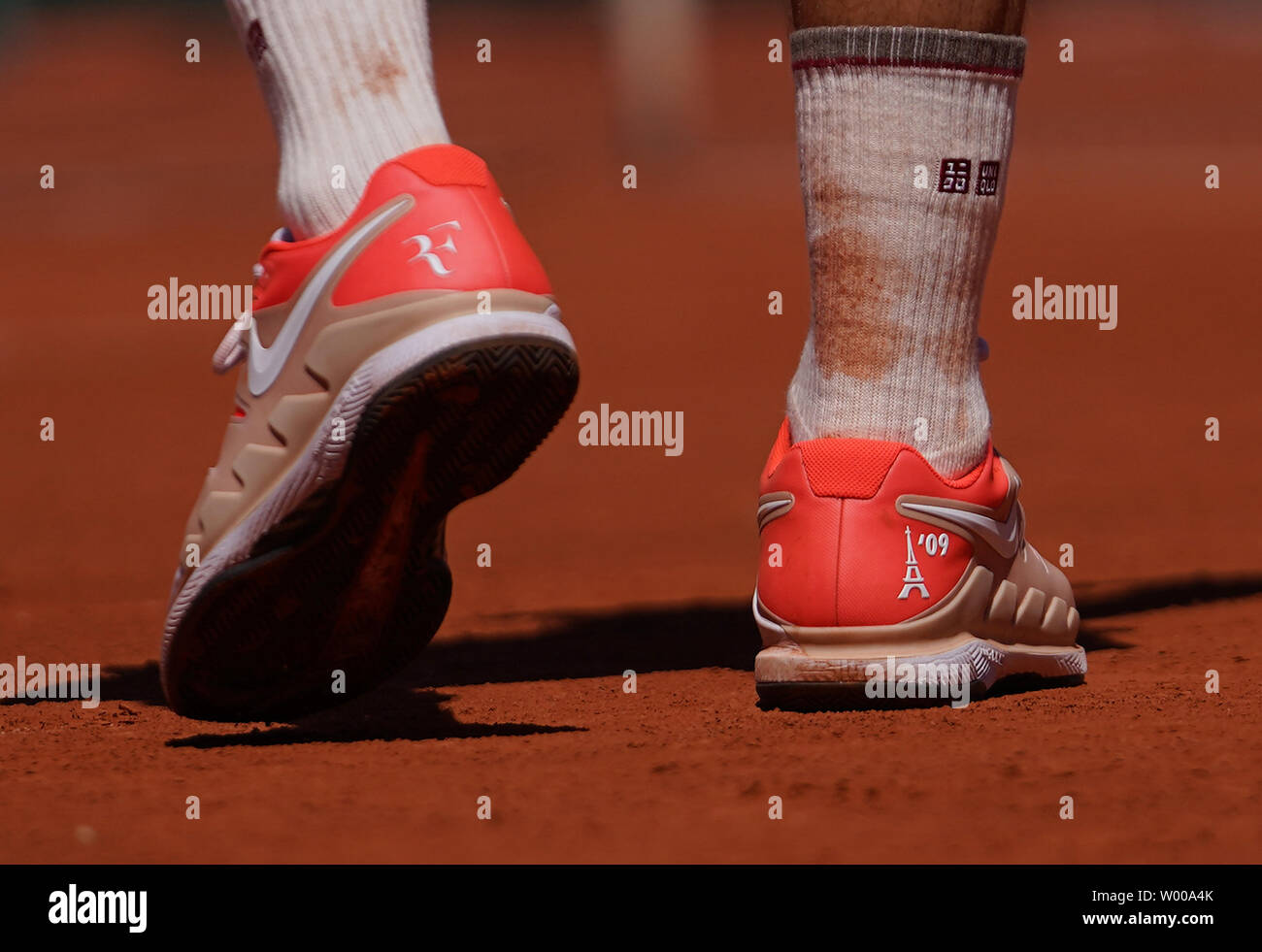 The shoes of Roger Federer of Switzerland are seen during his French Open  men's fourth round match against Leonardo Mayer of Argentina at Roland  Garros in Paris on June 2, 2019. Federer