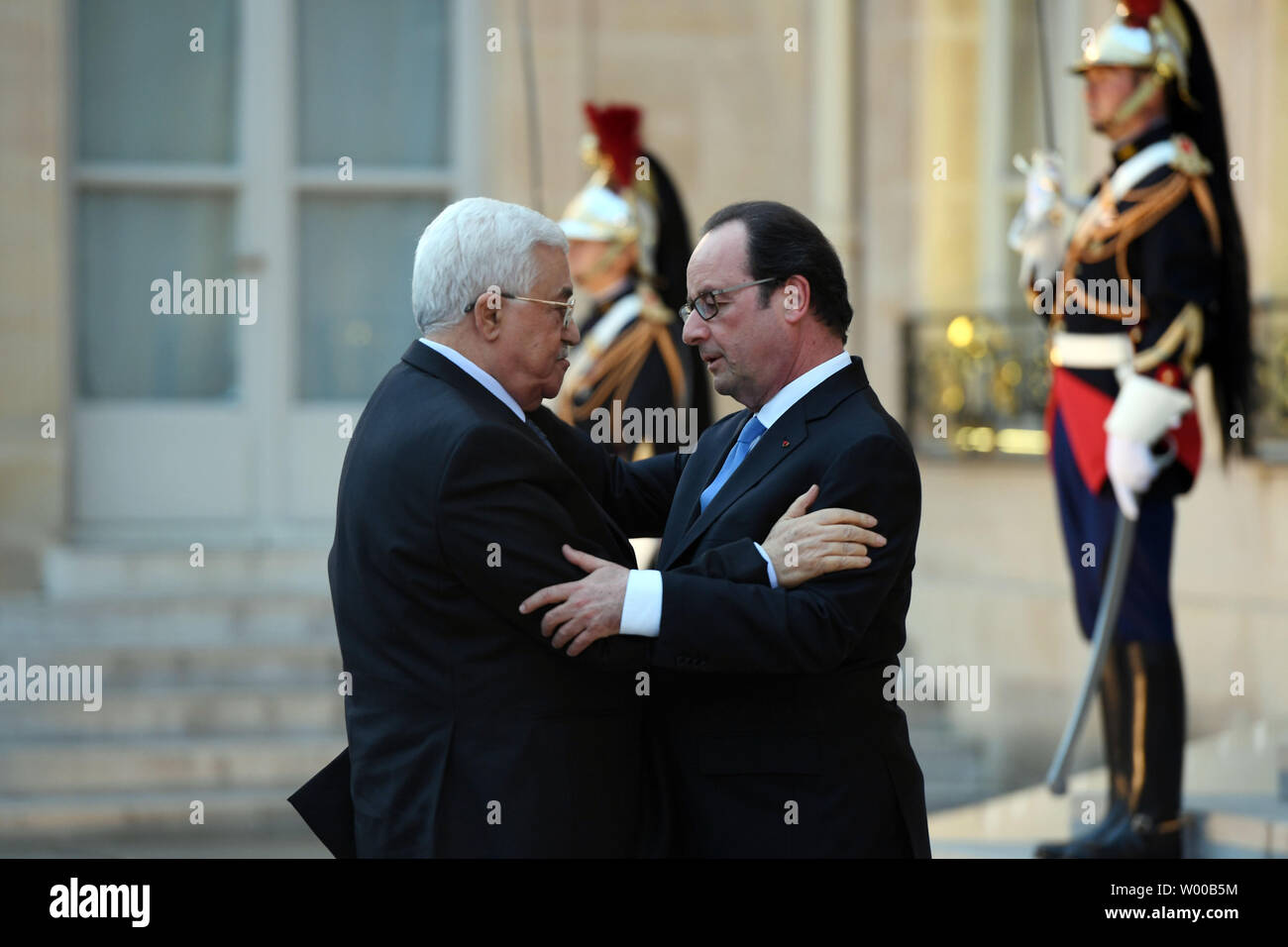 Palestinian President Mahmoud Abbas (Abu Mazen) (L) meets with French President Francois Hollande in Paris on July 21, 2016.     Photo by Thaer Ghanaim Stock Photo