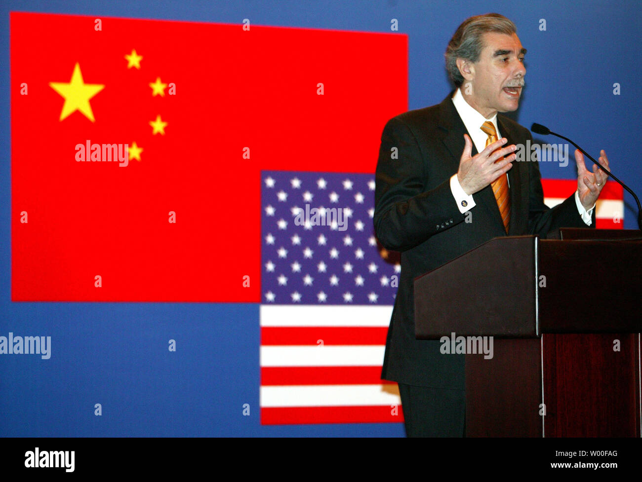 U.S. Commerce Secretary Carlos Gutierrez addresses a gathering of top U.S. and Chinese business executives at an Intellectual Property Rights Roundtable in Beijing, China, November 14, 2006. Gutierrez urged Beijing to toughen a crackdown on pirated goods and other copyright infringements, saying failure to do so could fuel an American backlash against trade with China. (UPI Photo/Stephen Shaver) Stock Photo