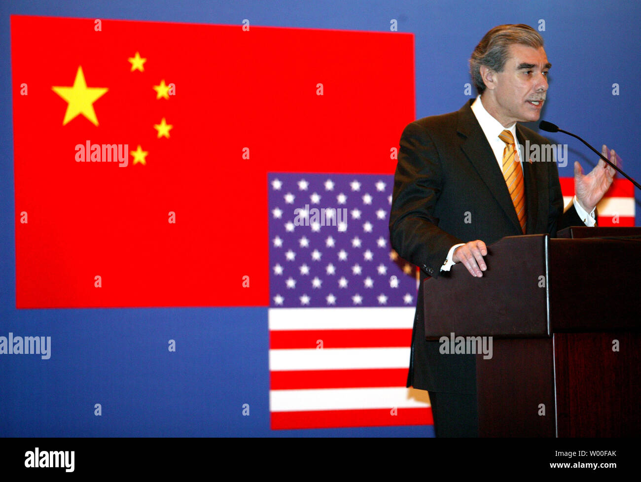 U.S. Commerce Secretary Carlos Gutierrez addresses a gathering of top U.S. and Chinese business executives at an Intellectual Property Rights Roundtable in Beijing, China, November 14, 2006. Gutierrez urged Beijing to toughen a crackdown on pirated goods and other copyright infringements, saying failure to do so could fuel an American backlash against trade with China. (UPI Photo/Stephen Shaver) Stock Photo