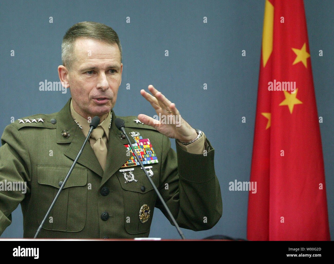 Marine General Peter Pace, making his first visit to China as chairman of the US Joint Chiefs of Staff, holds a press conference at the US embassy in Beijing, China on March 23, 2007.  China's military is proposing officer exchanges and other confidence-building measures with the U.S. Army and may be inching closer to setting up a 'hotline' for emergency communication with Washington, the top U.S. general said Friday.  (UPI Photo/Stephen Shaver) Stock Photo