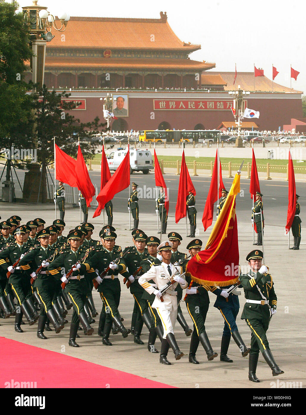Chinese soldiers performing honor guard duty march during a welcoming ceremony at the Great Hall of the People in Beijing on May 27, 2008.  (UPI Photo/Stephen Shaver) Stock Photo