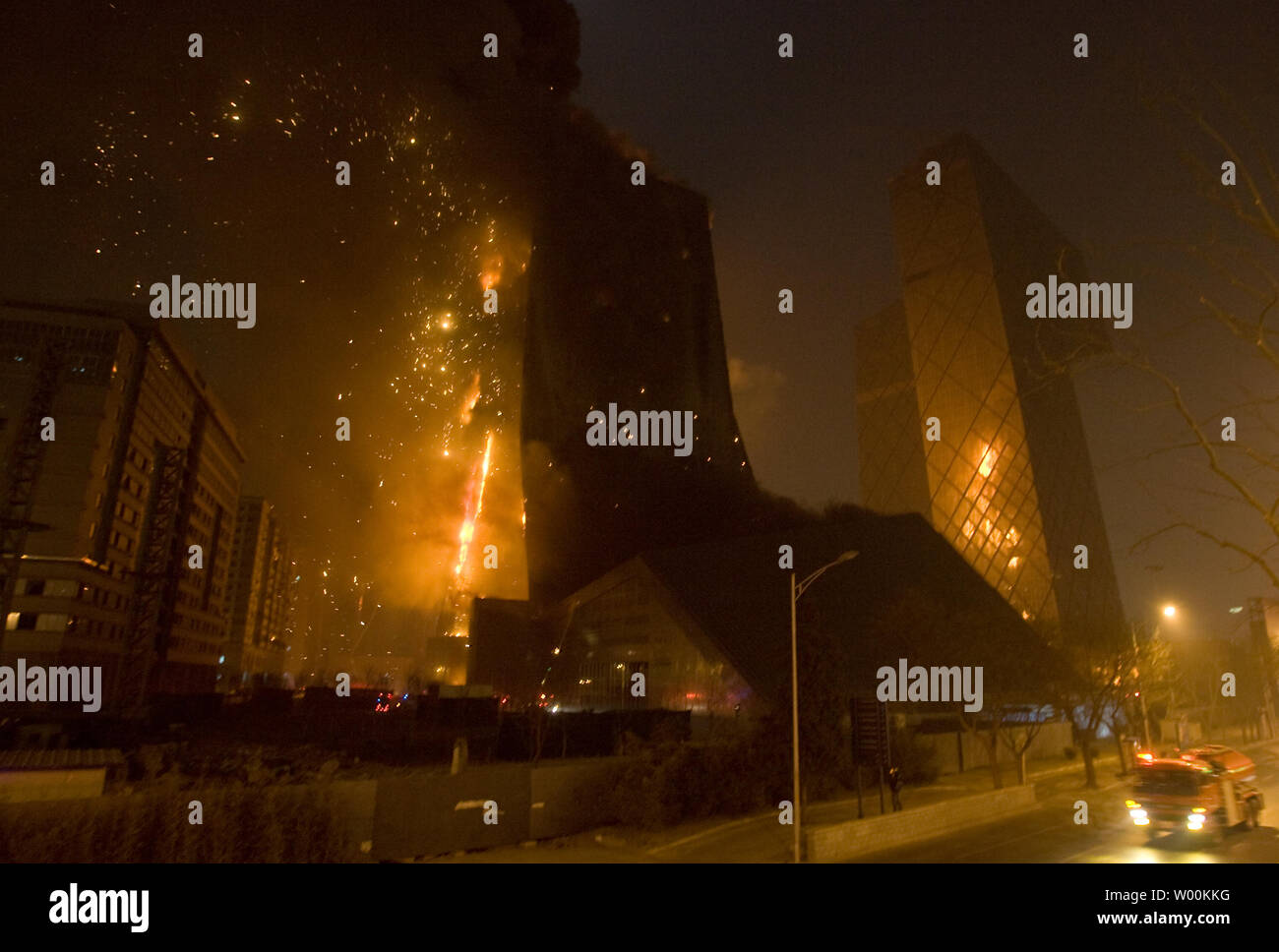 Fire rages through the under-construction Mandarin Oriental hotel, which is part of China Central TelevisionÕs new headquarters complex in downtown Beijing February 09, 2009.   (UPI Photo/Stephen Shaver) Stock Photo