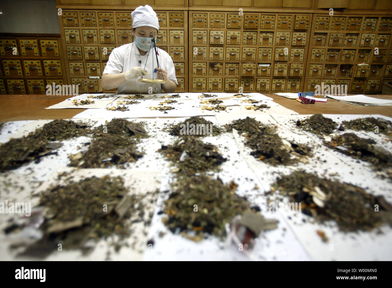 Chinese pharmacy workers prepare traditional Chinese medicine (TCM) packets  of various herbs at the Beijing Traditional Chinese Medicine Hospital in  Beijing on July 23, 2009. In order to bring TCM into full