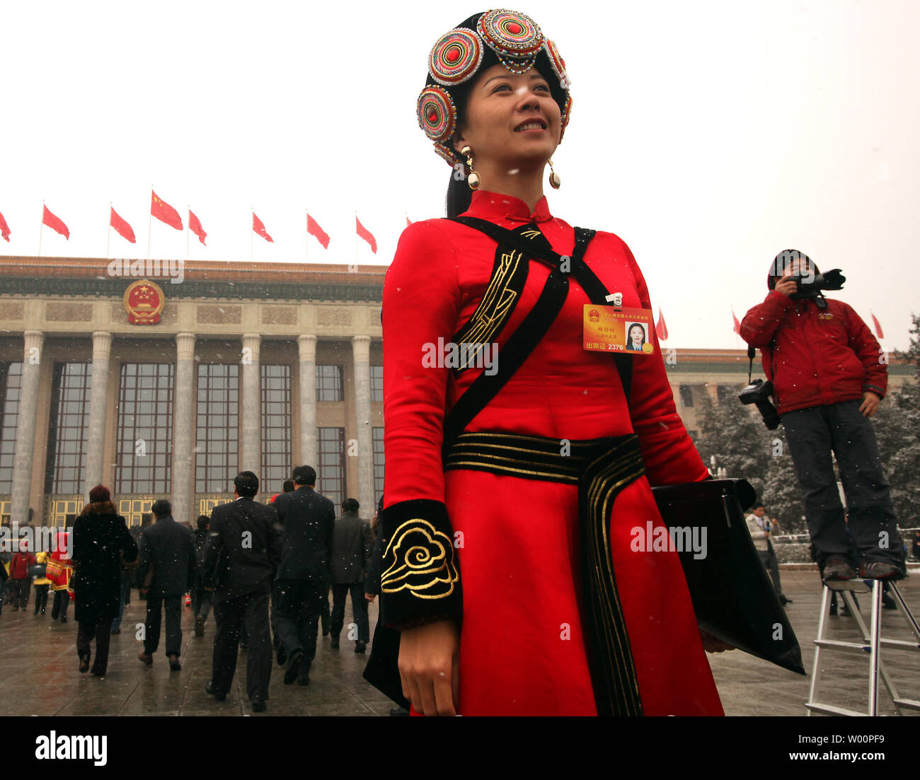 Chinese delegates arrive on Tiananmen Square as China's annual National People's Congress (NPC) gets under way at the Great Hall of the People in Beijing on March 8, 2010.  China's NPC will discuss legislation aimed at the protecting the environment, promoting green energy and ensuring social stability.   UPI/Stephen Shaver Stock Photo