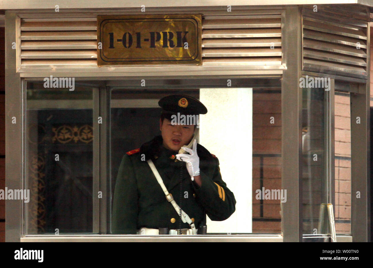 Chinese soldiers guard the North Korean embassy in Beijing November 29, 2010.  China remains Pyongyang's biggest trade partner and arguably has the most leverage on Kim Jon-Il's regime. North Korea placed surface-t-surface missiles on launch pads in the Yellow Sea, South Korea's state press said, as the United States and South Korea began military drills and China called for emergency talks.     UPI/Stephen Shaver Stock Photo