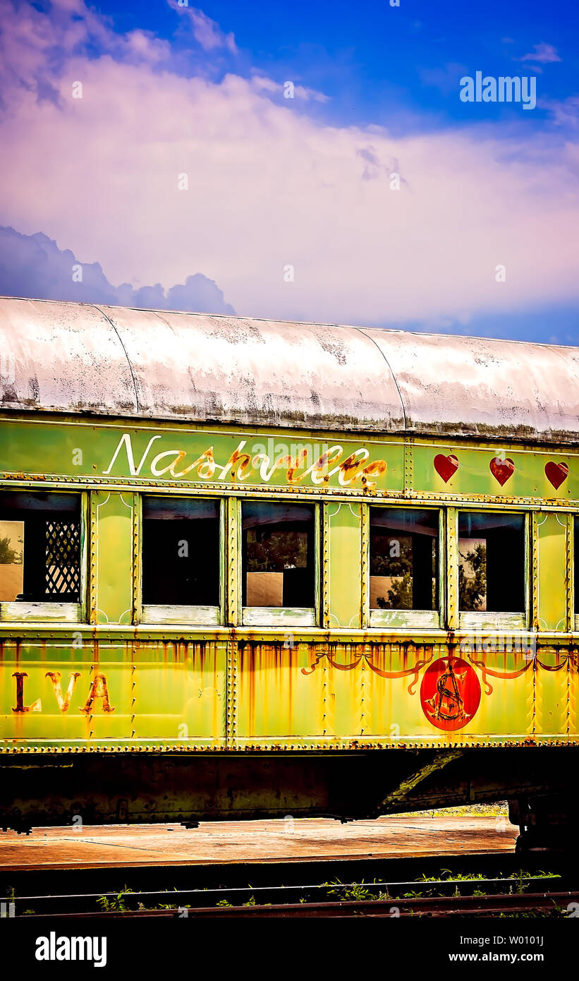 A 90-year-old Pullman sleeper car, used in the movie 'This Property is Condemned,' sits behind the Meridian Railroad Museum in Meridian, Mississippi. Stock Photo